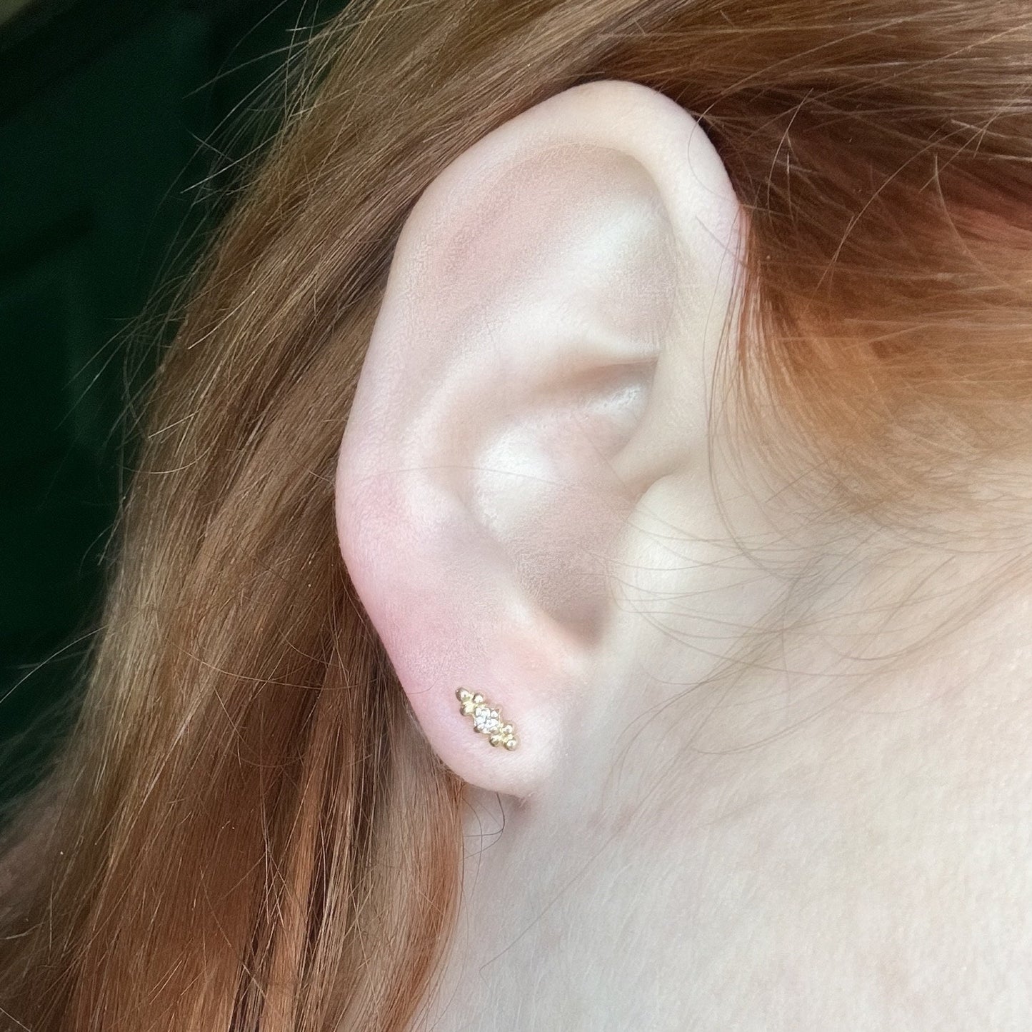 14K Diamond Triple Bead Stud, Bar Stud, Bead Accented Earring, Diamond Earring, April Birthstone, Solid Gold Studs, Post Earrings, Gold