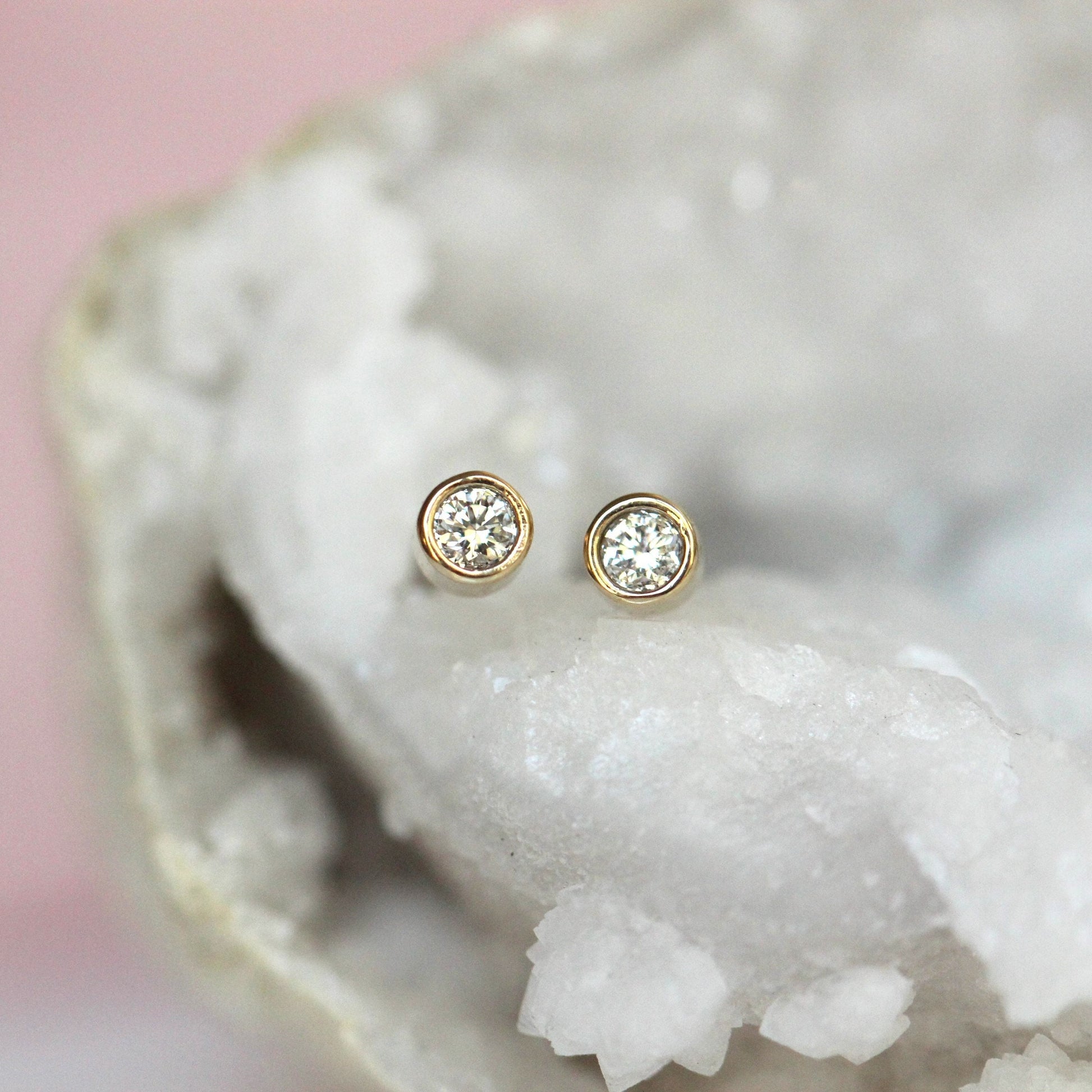 14K Gold Diamond Bezel Studs, Second Hold Stud, Diamond Earrings, Everyday Wear, Solid Gold, Post Studs, Round Stone, Tube Bezel Stud