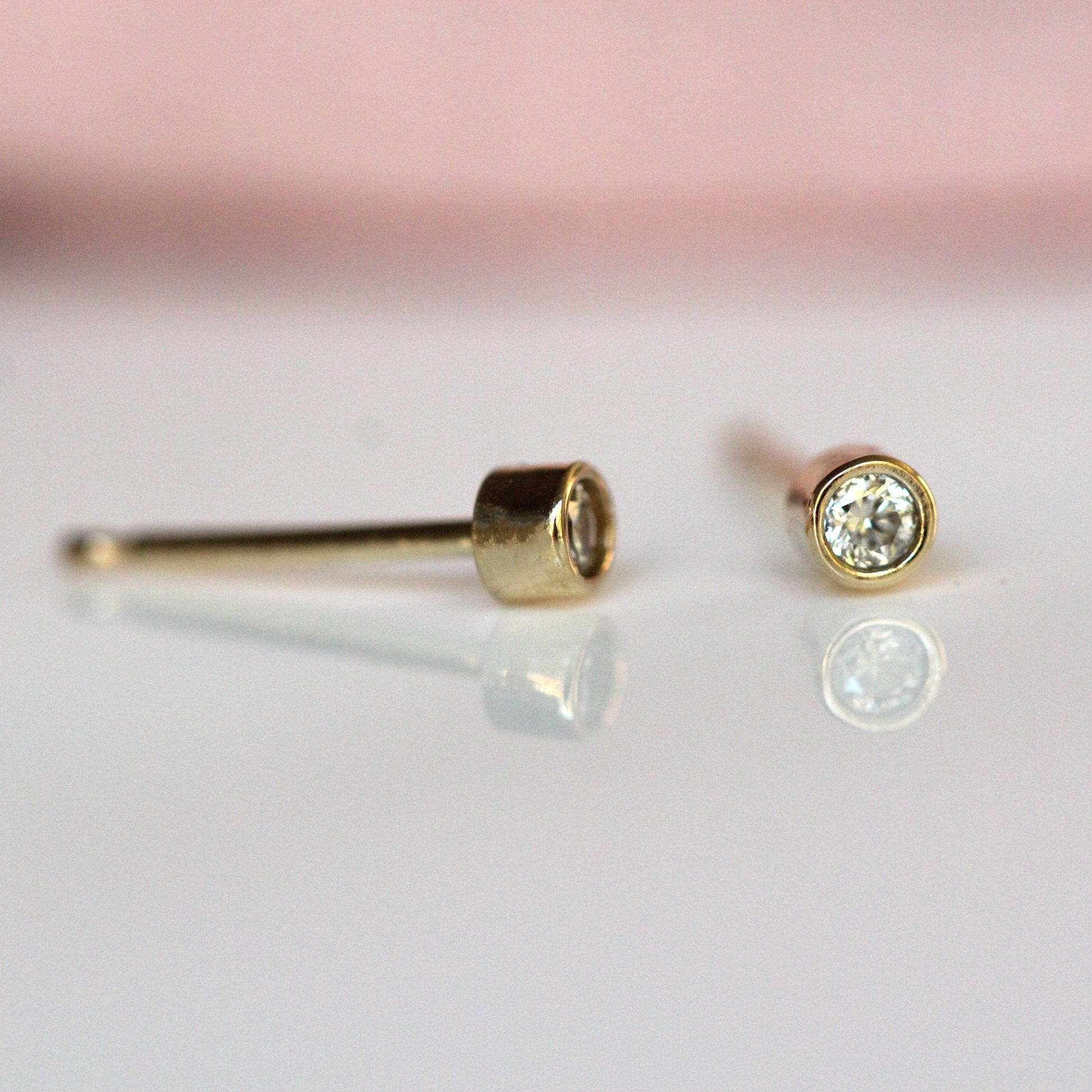 14K Gold Diamond Bezel Studs, Second Hold Stud, Diamond Earrings, Everyday Wear, Solid Gold, Post Studs, Round Stone, Tube Bezel Stud