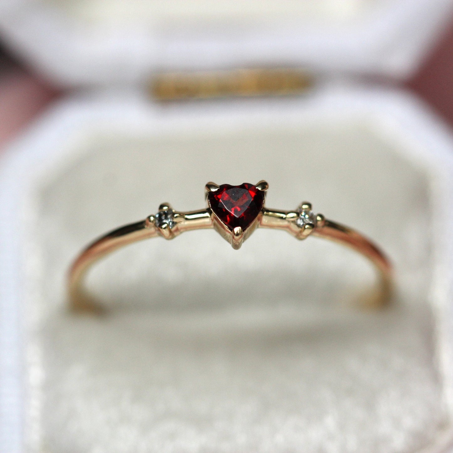 14K Garnet Heart Ring, Three Stone Ring, January Birthstone, 10K Gemstone Ring, Red Stone Ring, Tiny Heart Ring, Stacking, Diamond, Gold
