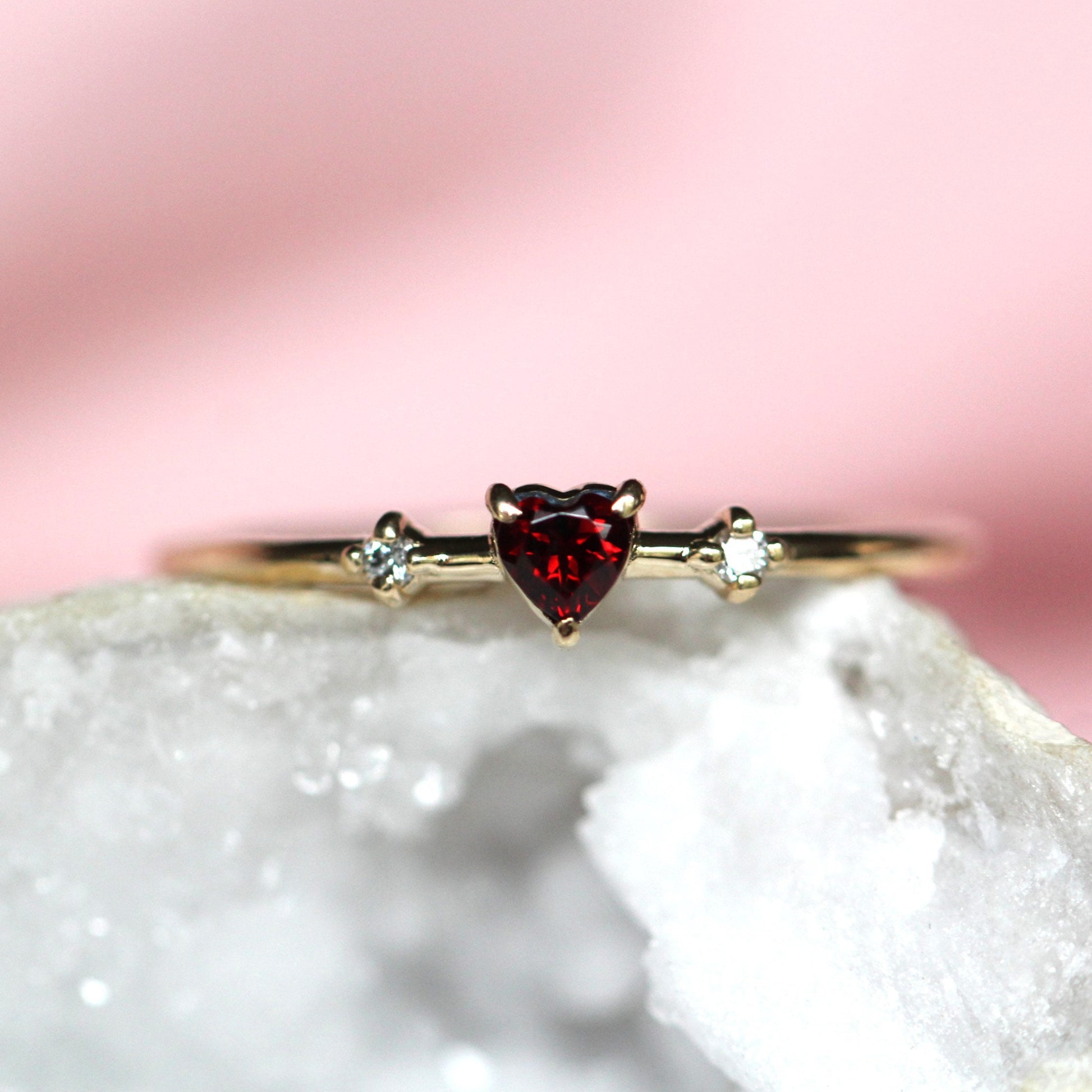 14K Garnet Heart Ring, Three Stone Ring, January Birthstone, 10K Gemstone Ring, Red Stone Ring, Tiny Heart Ring, Stacking, Diamond, Gold
