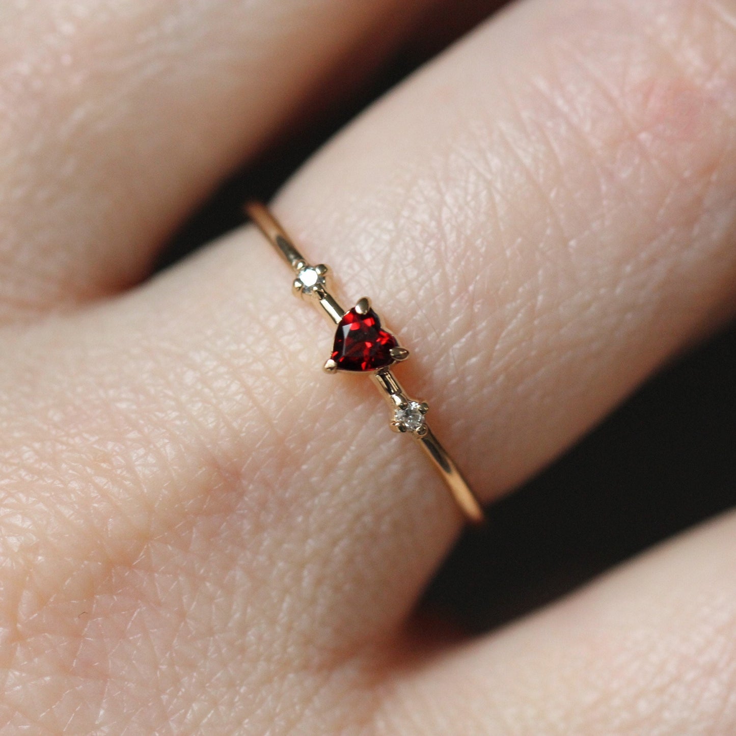 14K Garnet Heart Ring, Three Stone Ring, January Birthstone, 10K Gemstone Ring, Red Stone Ring, Tiny Heart Ring, Stacking, Diamond, Gold