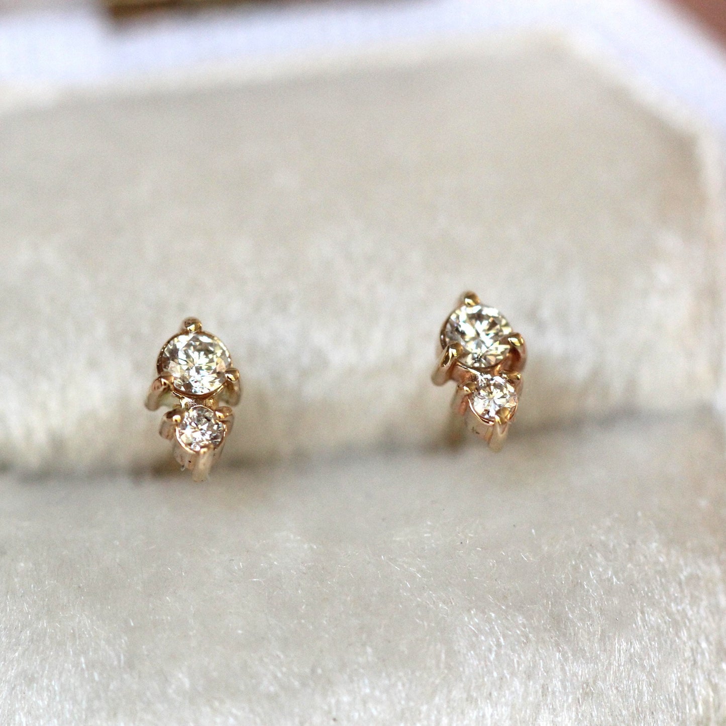 14k Gold Two Diamond Stud, Second Hole Stud, Tiny Post Earring, Mutiple Piercing Stud, Three Prong, Real Gold, Minimal Jewelry, Solid Gold