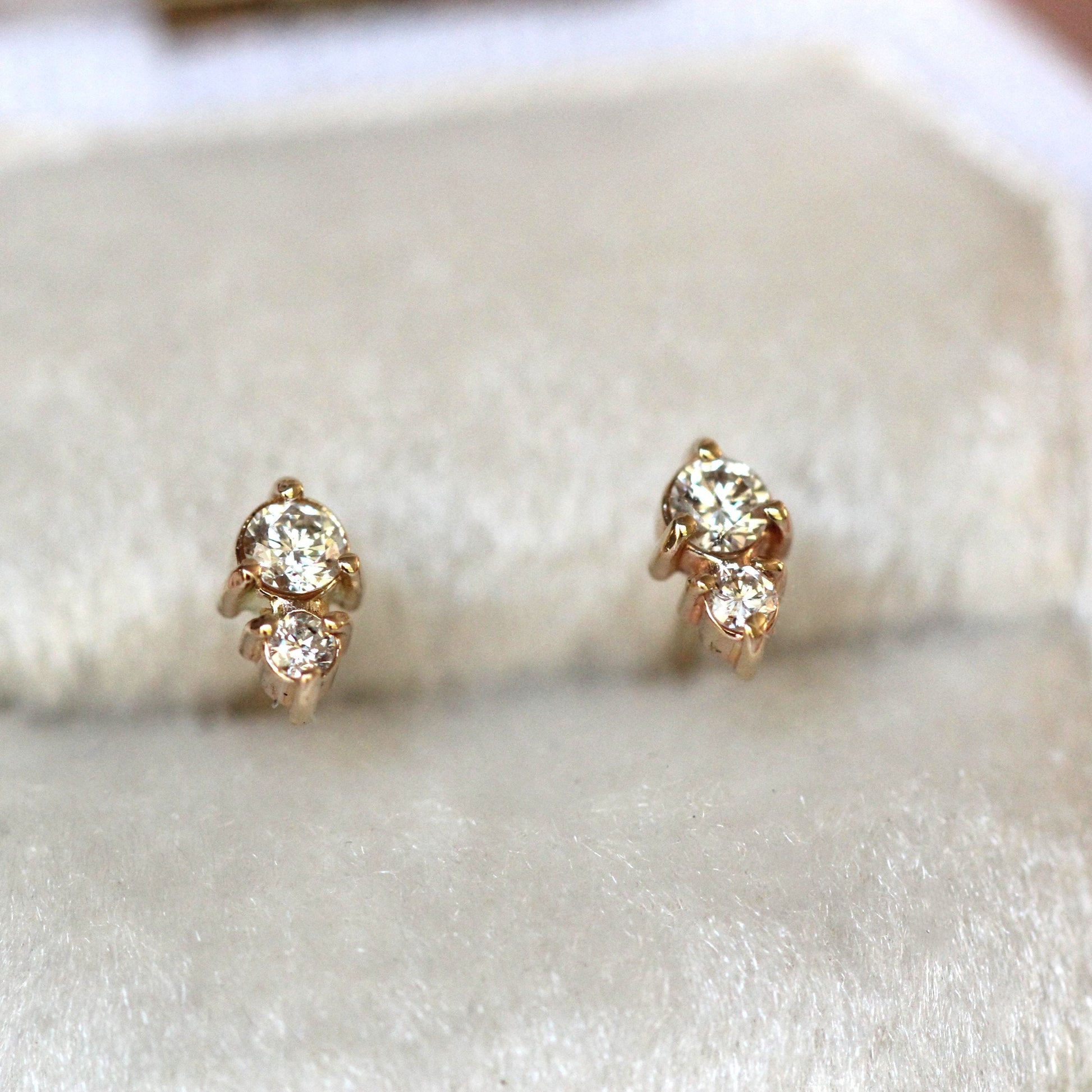 14k Gold Two Diamond Stud, Second Hole Stud, Tiny Post Earring, Mutiple Piercing Stud, Three Prong, Real Gold, Minimal Jewelry, Solid Gold
