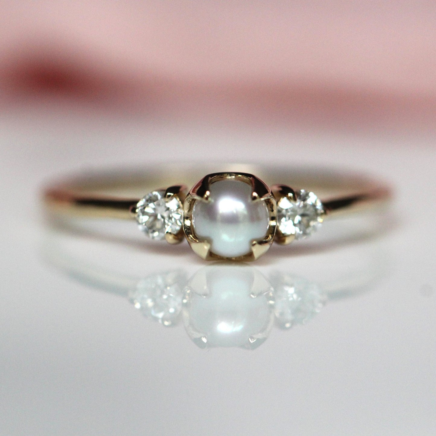 14K Gold Pearl Diamond Ring, Diamond Ring, Cluster Ring, 10K, Engagement Ring, Three Stone Ring, Pearl Ring, June Birthstone, Self Love Ring