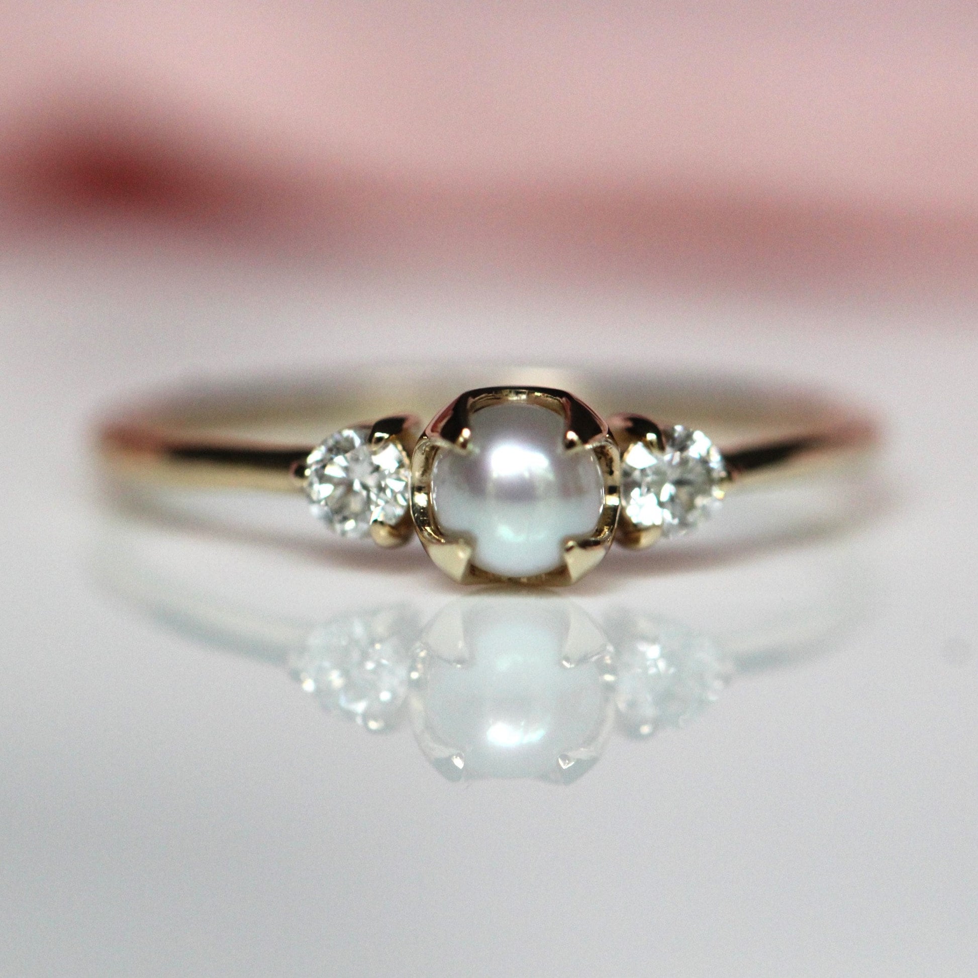 14K Gold Pearl Diamond Ring, Diamond Ring, Cluster Ring, 10K, Engagement Ring, Three Stone Ring, Pearl Ring, June Birthstone, Self Love Ring