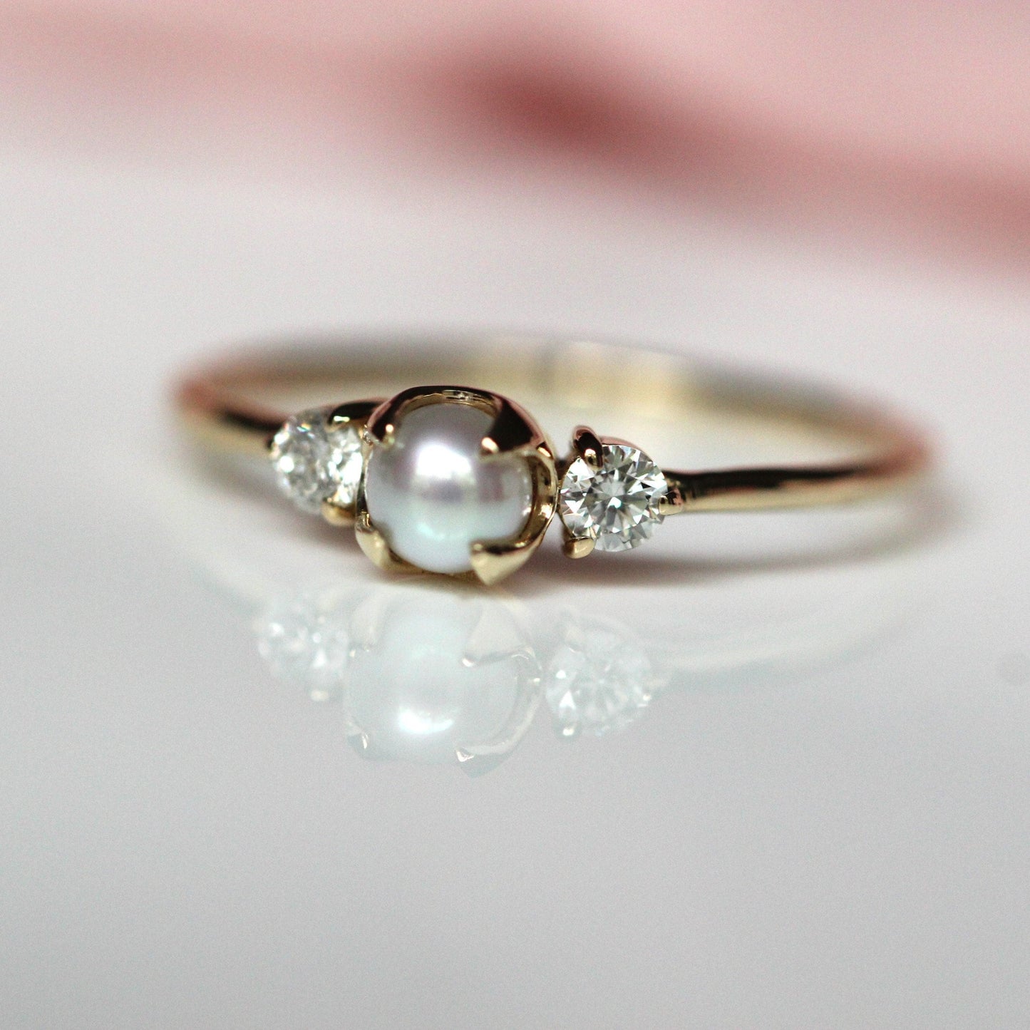 14K Gold Pearl Diamond Ring, Diamond Ring, Cluster Ring, 10K, Engagement Ring, Three Stone Ring, Pearl Ring, June Birthstone, Self Love Ring