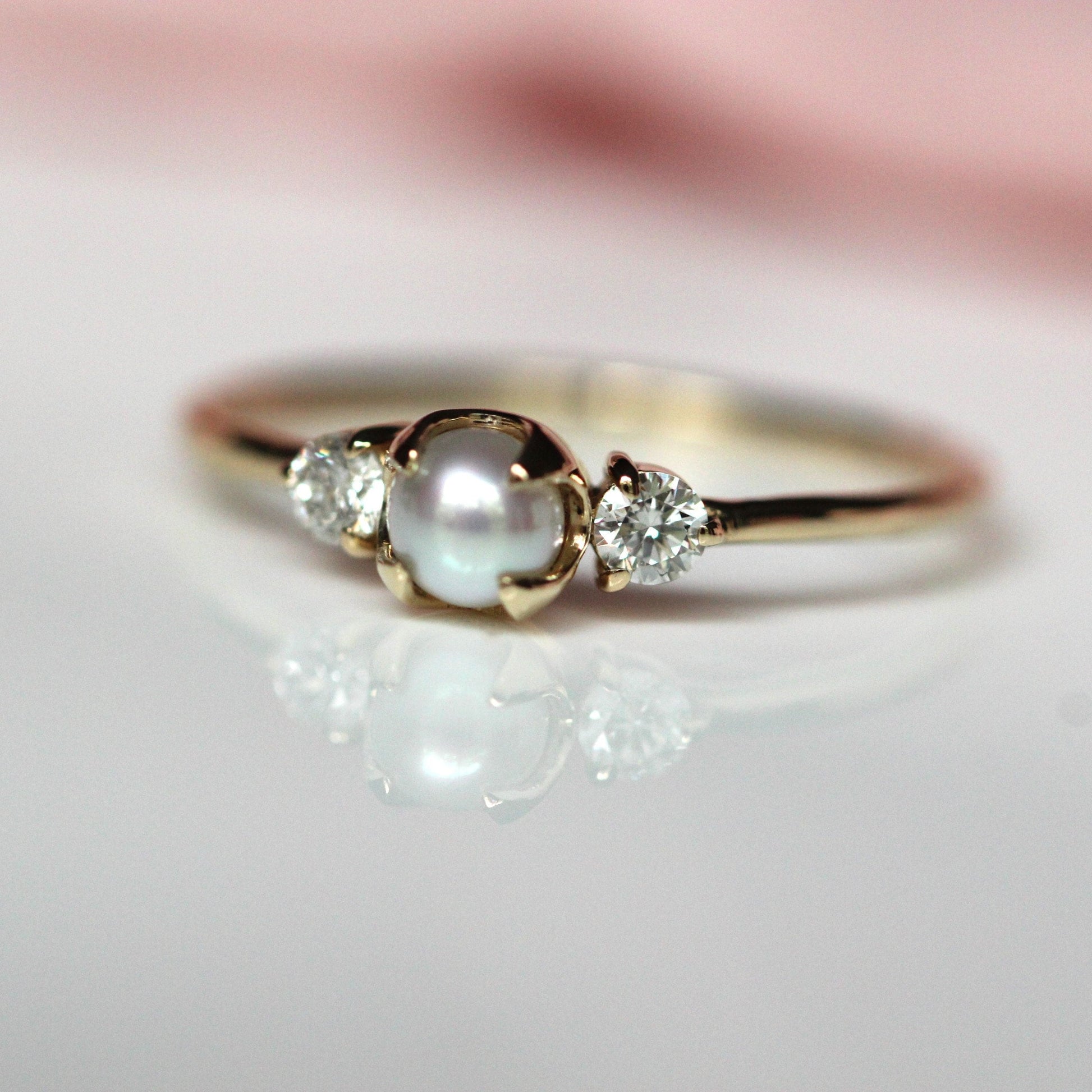 14K Gold Pearl Diamond Ring, Diamond Ring, Cluster Ring, 10K, Engagement Ring, Three Stone Ring, Pearl Ring, June Birthstone, Self Love Ring