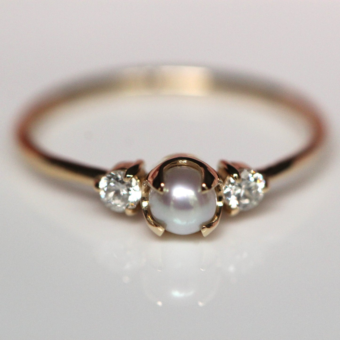 14K Gold Pearl Diamond Ring, Diamond Ring, Cluster Ring, 10K, Engagement Ring, Three Stone Ring, Pearl Ring, June Birthstone, Self Love Ring