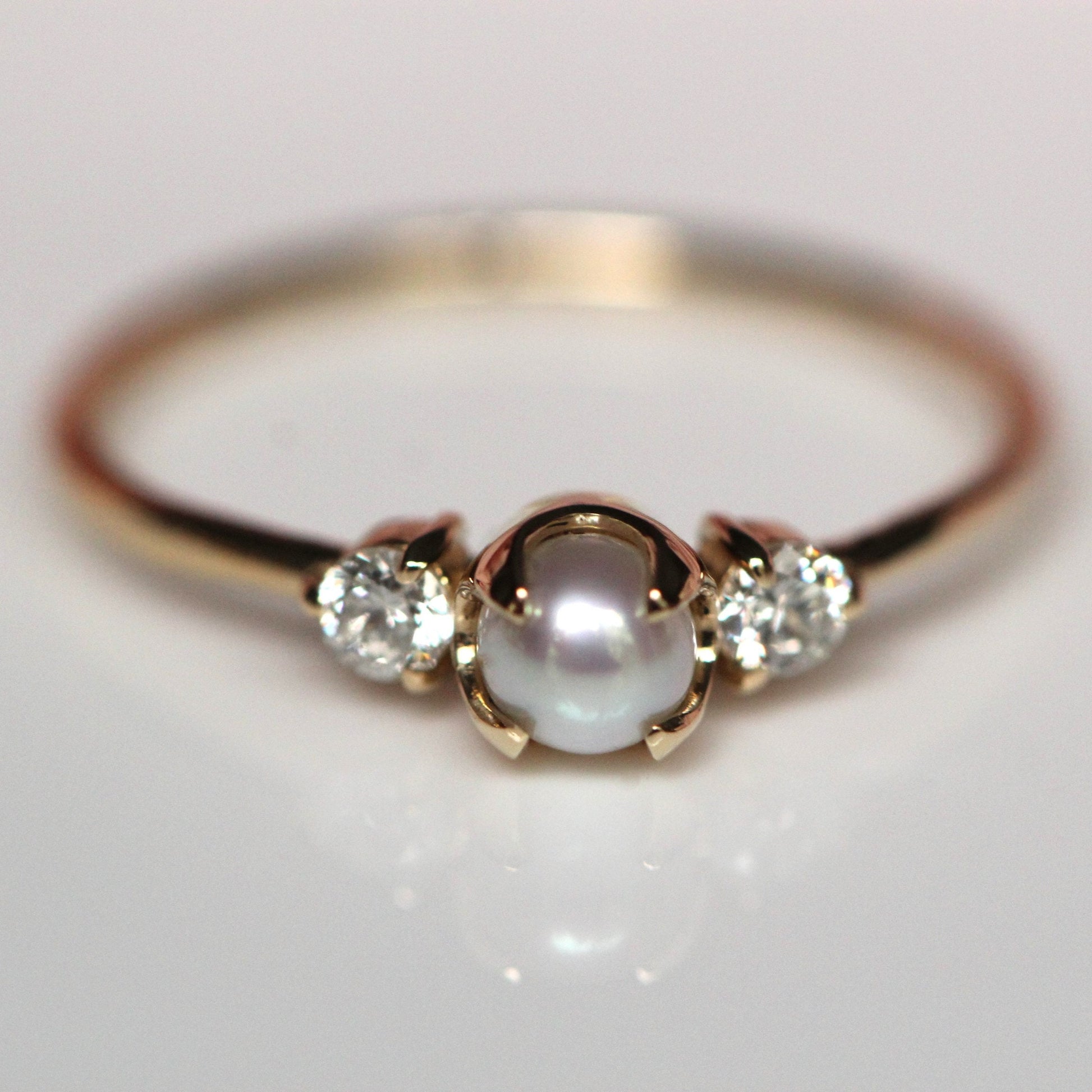 14K Gold Pearl Diamond Ring, Diamond Ring, Cluster Ring, 10K, Engagement Ring, Three Stone Ring, Pearl Ring, June Birthstone, Self Love Ring