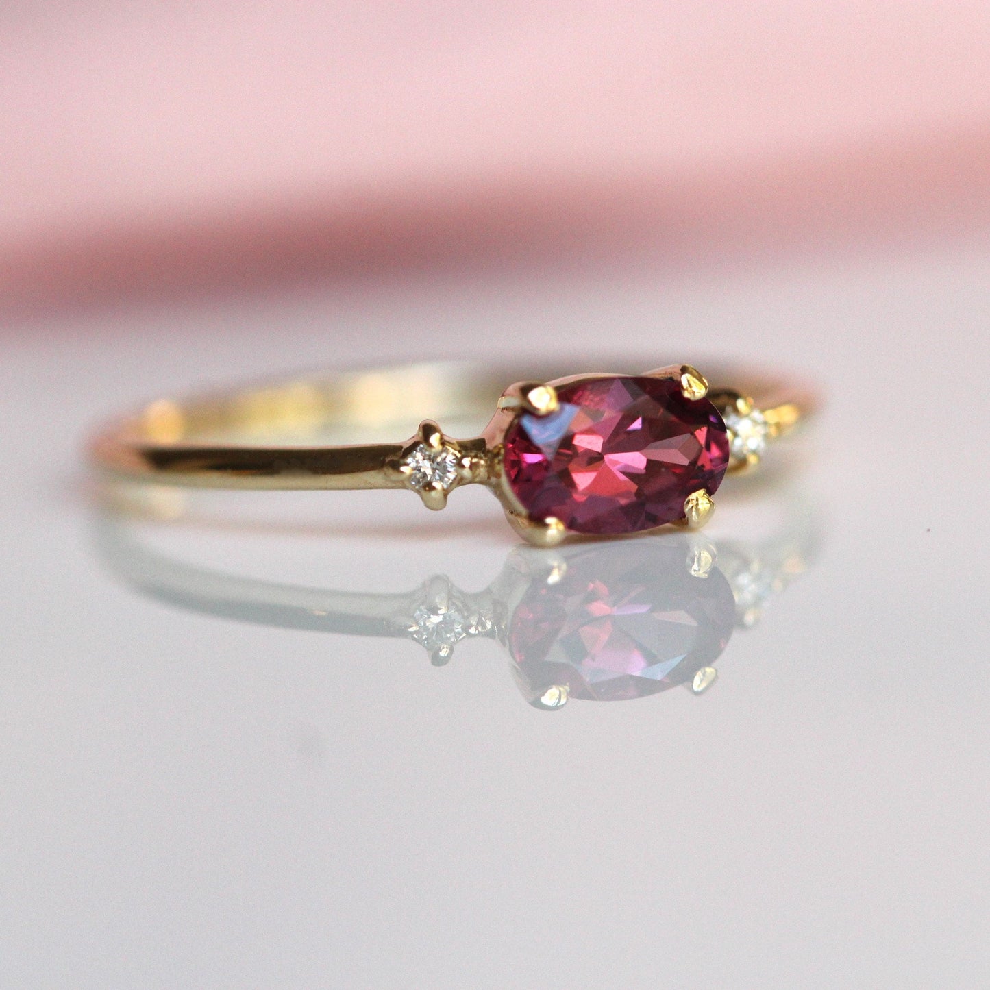 14K Gold Rhodolite Garnet Diamond Ring, Oval Stone Ring, Engagement Ring, 10K, Purple Stone Ring, Red Stone, East West Oval, Solid Gold Ring