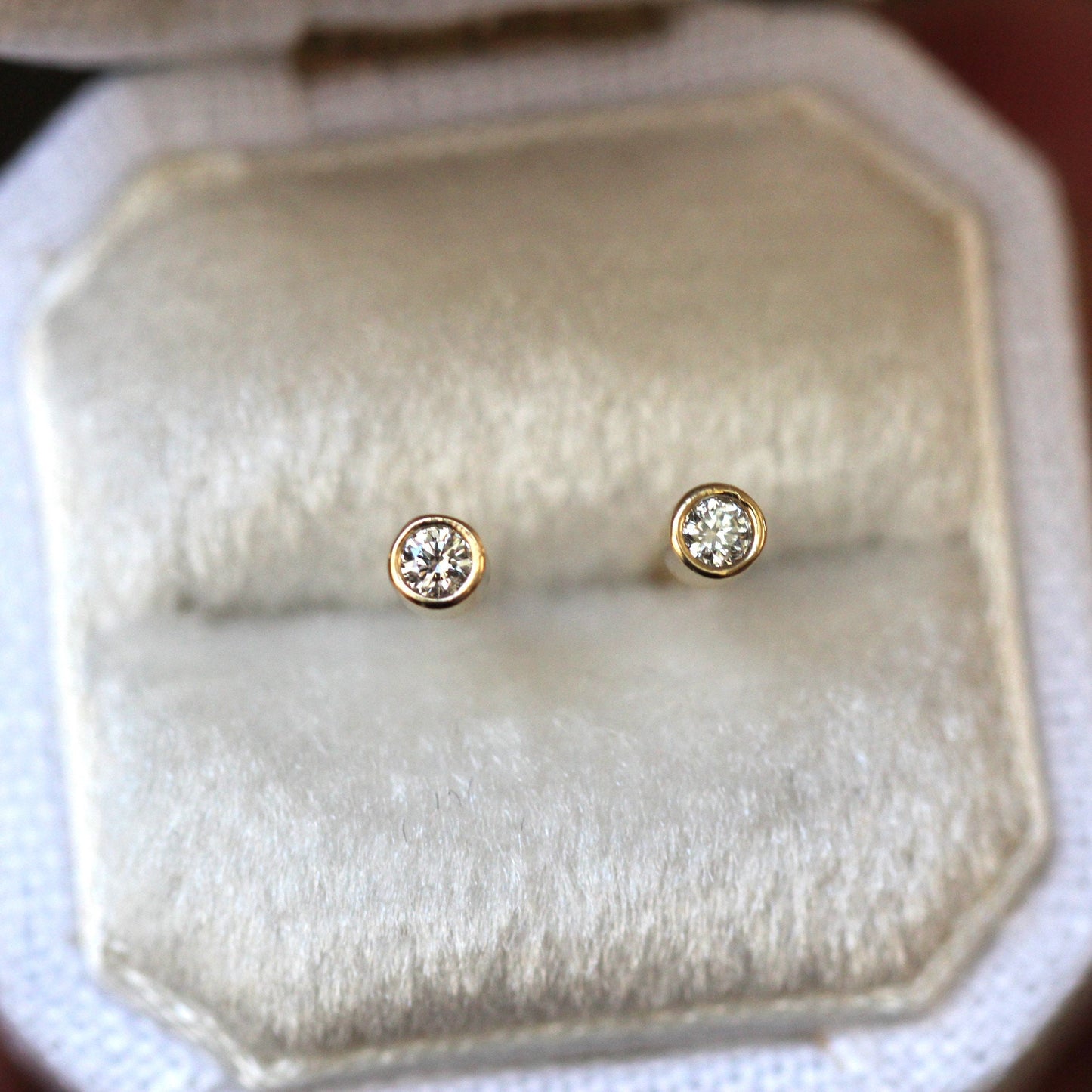 14K Gold Diamond Bezel Studs, Second Hold Stud, Diamond Earrings, Everyday Wear, Solid Gold, Post Studs, Round Stone, Tube Bezel Stud
