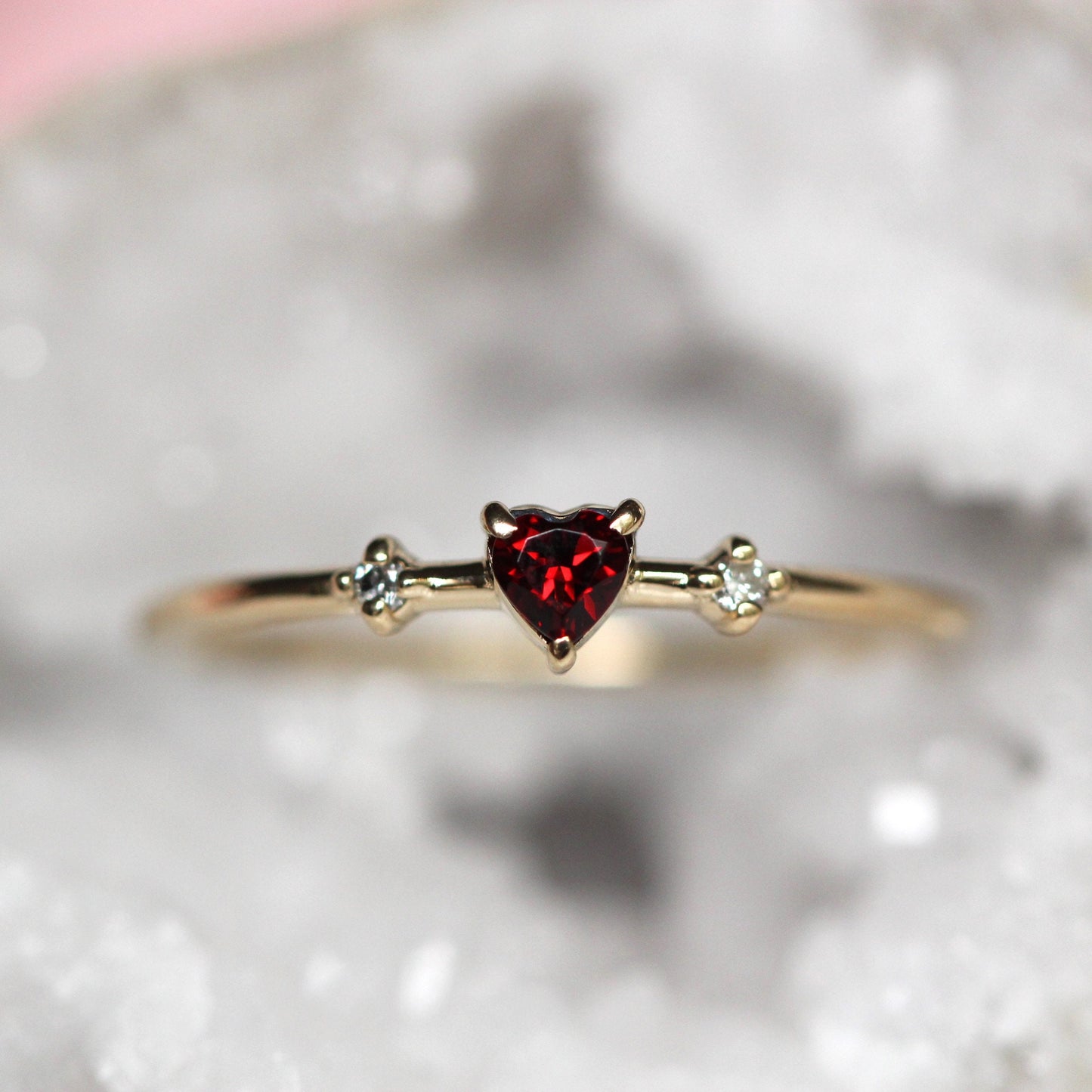 14K Garnet Heart Ring, Three Stone Ring, January Birthstone, 10K Gemstone Ring, Red Stone Ring, Tiny Heart Ring, Stacking, Diamond, Gold