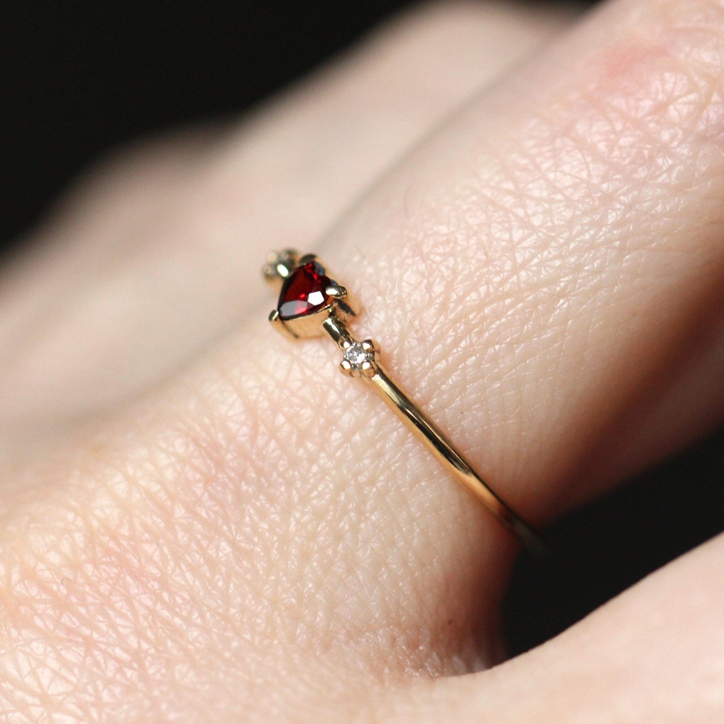 14K Garnet Heart Ring, Three Stone Ring, January Birthstone, 10K Gemstone Ring, Red Stone Ring, Tiny Heart Ring, Stacking, Diamond, Gold