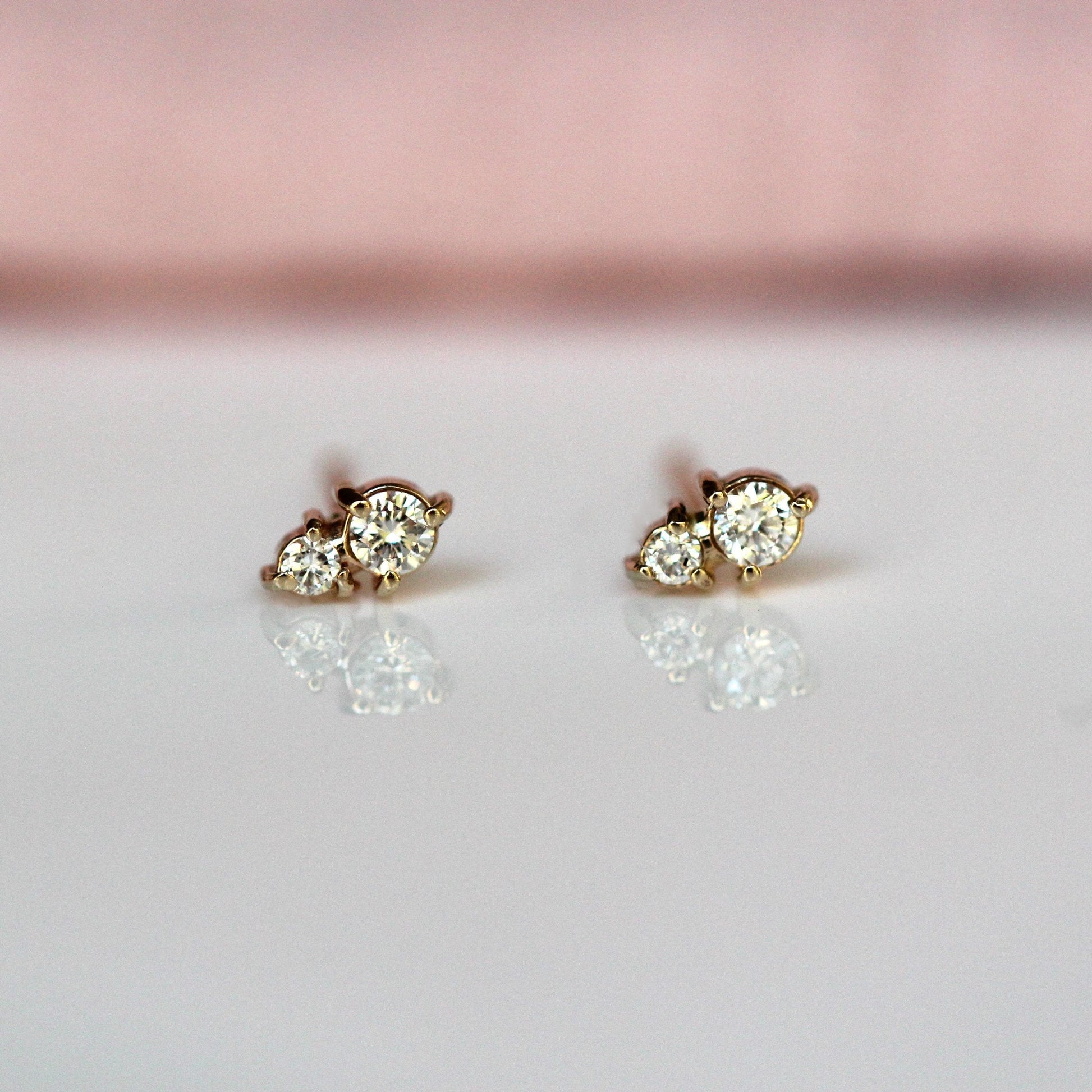 14k Gold Two Diamond Stud, Second Hole Stud, Tiny Post Earring, Mutiple Piercing Stud, Three Prong, Real Gold, Minimal Jewelry, Solid Gold