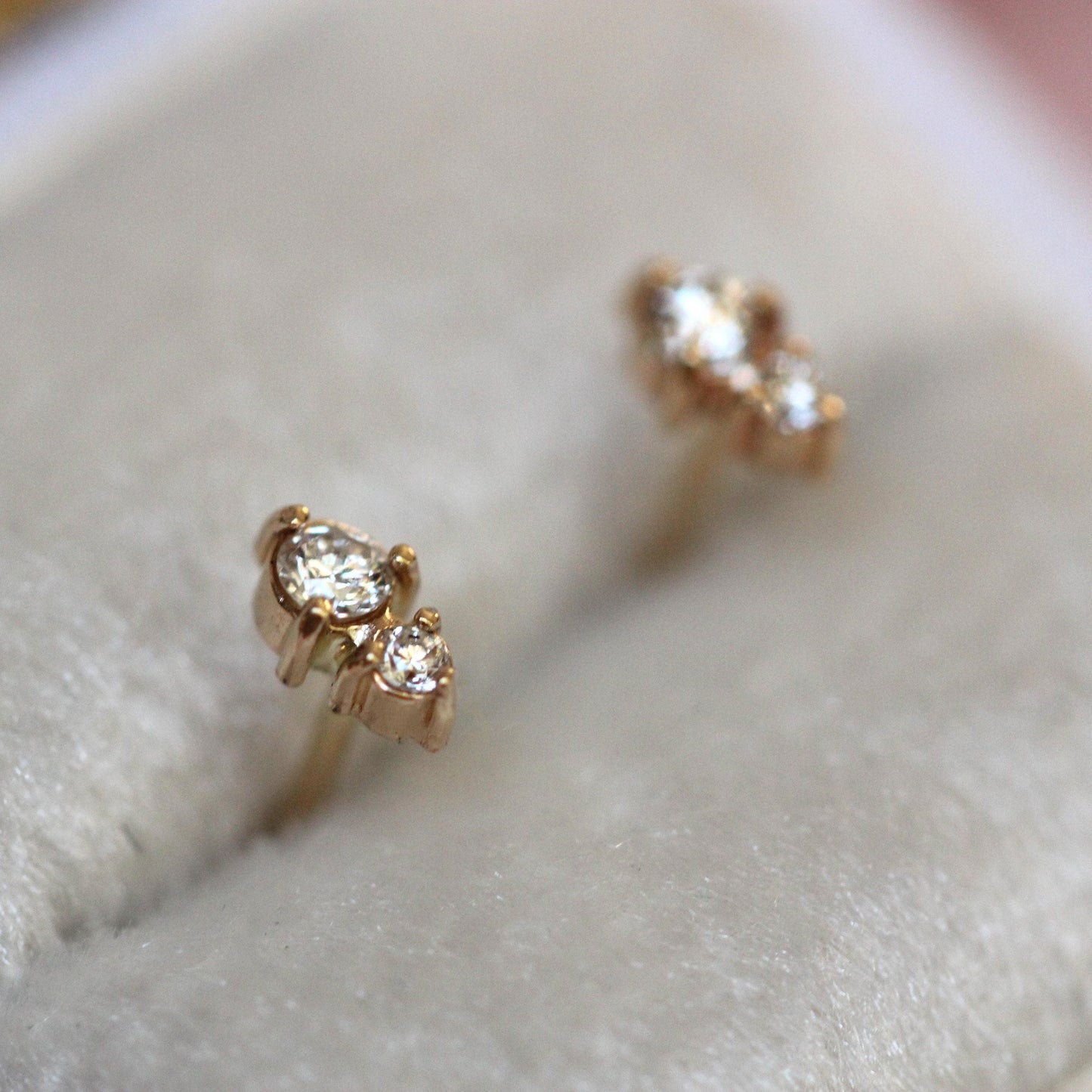 14k Gold Two Diamond Stud, Second Hole Stud, Tiny Post Earring, Mutiple Piercing Stud, Three Prong, Real Gold, Minimal Jewelry, Solid Gold