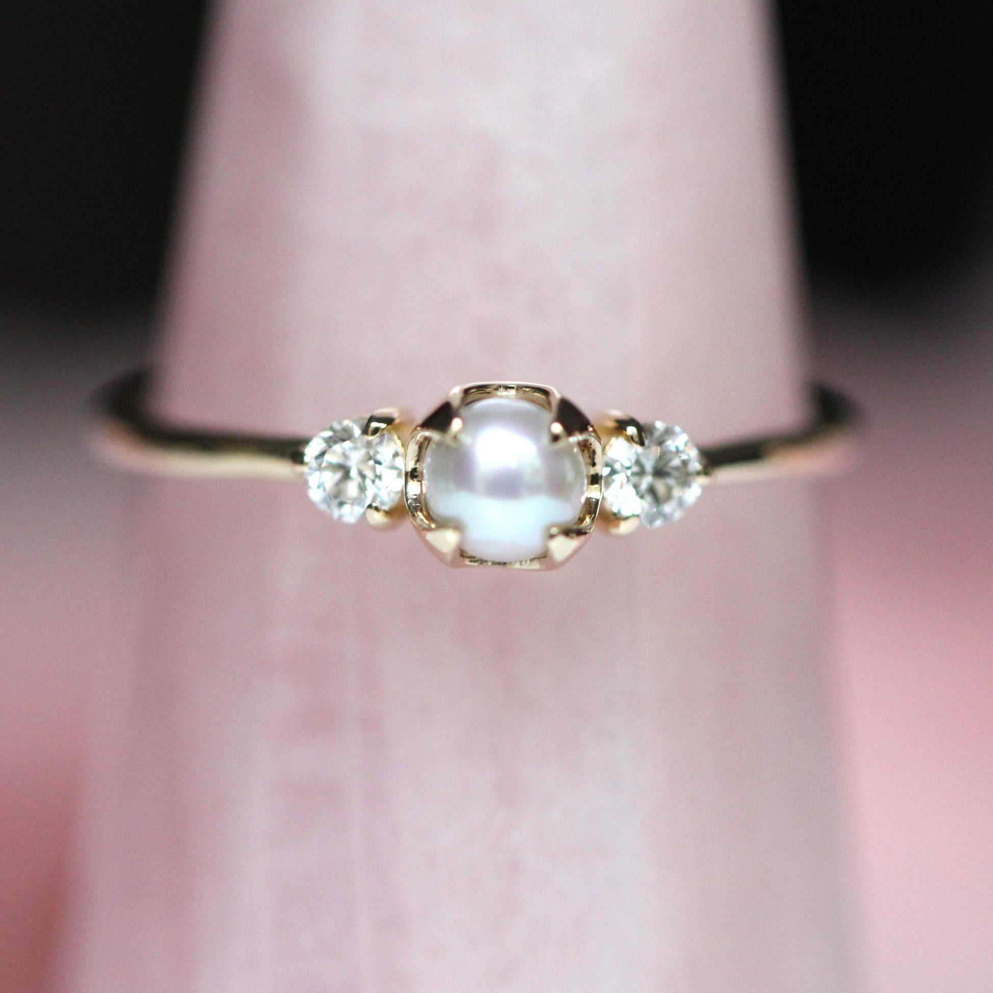 14K Gold Pearl Diamond Ring, Diamond Ring, Cluster Ring, 10K, Engagement Ring, Three Stone Ring, Pearl Ring, June Birthstone, Self Love Ring