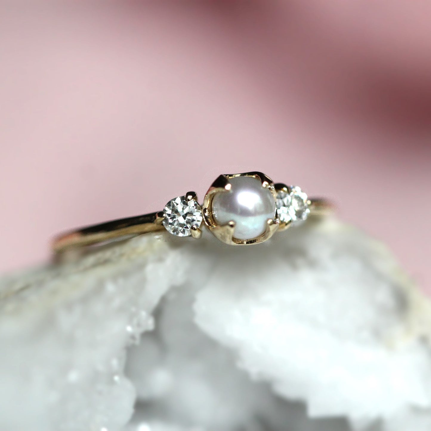 14K Gold Pearl Diamond Ring, Diamond Ring, Cluster Ring, 10K, Engagement Ring, Three Stone Ring, Pearl Ring, June Birthstone, Self Love Ring