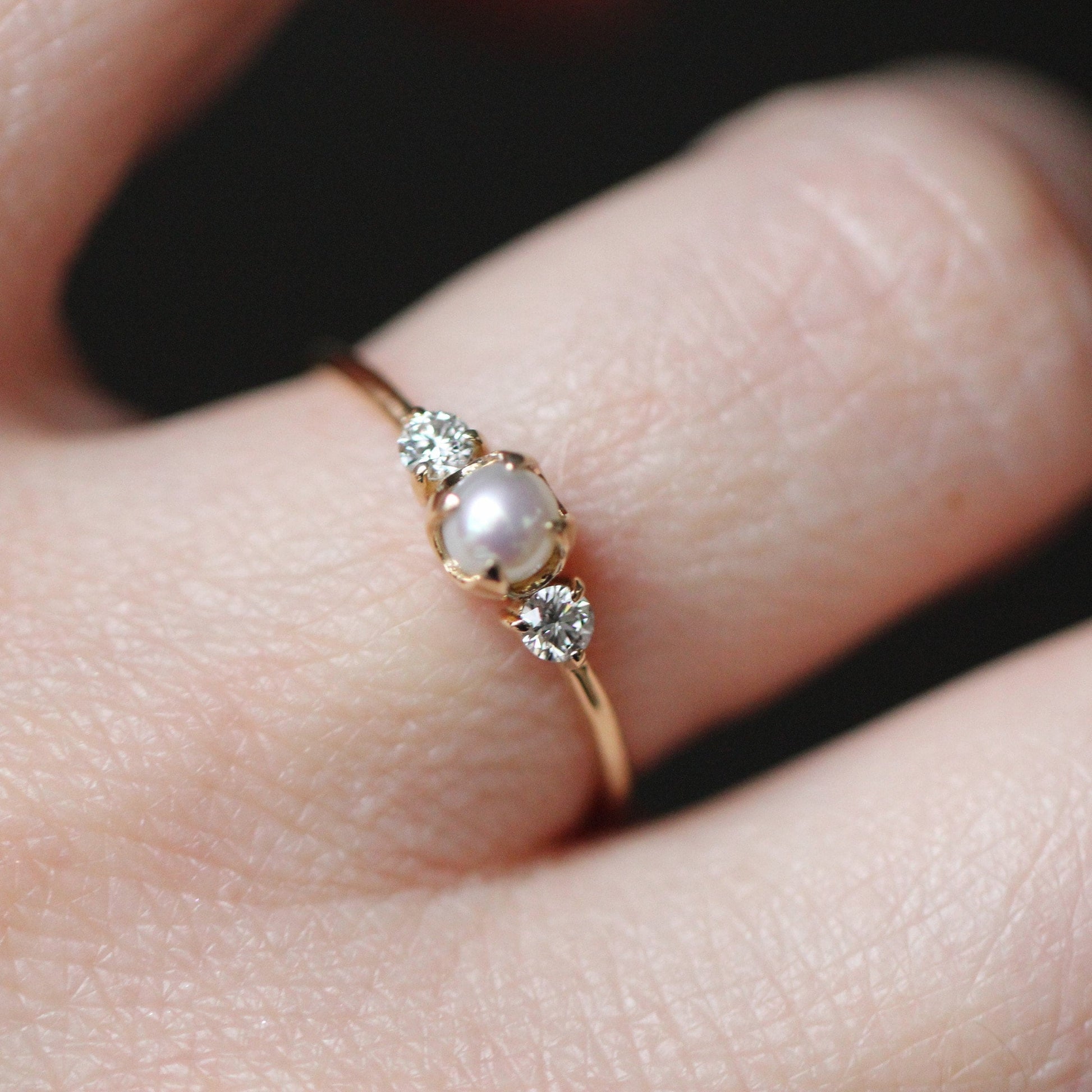 14K Gold Pearl Diamond Ring, Diamond Ring, Cluster Ring, 10K, Engagement Ring, Three Stone Ring, Pearl Ring, June Birthstone, Self Love Ring