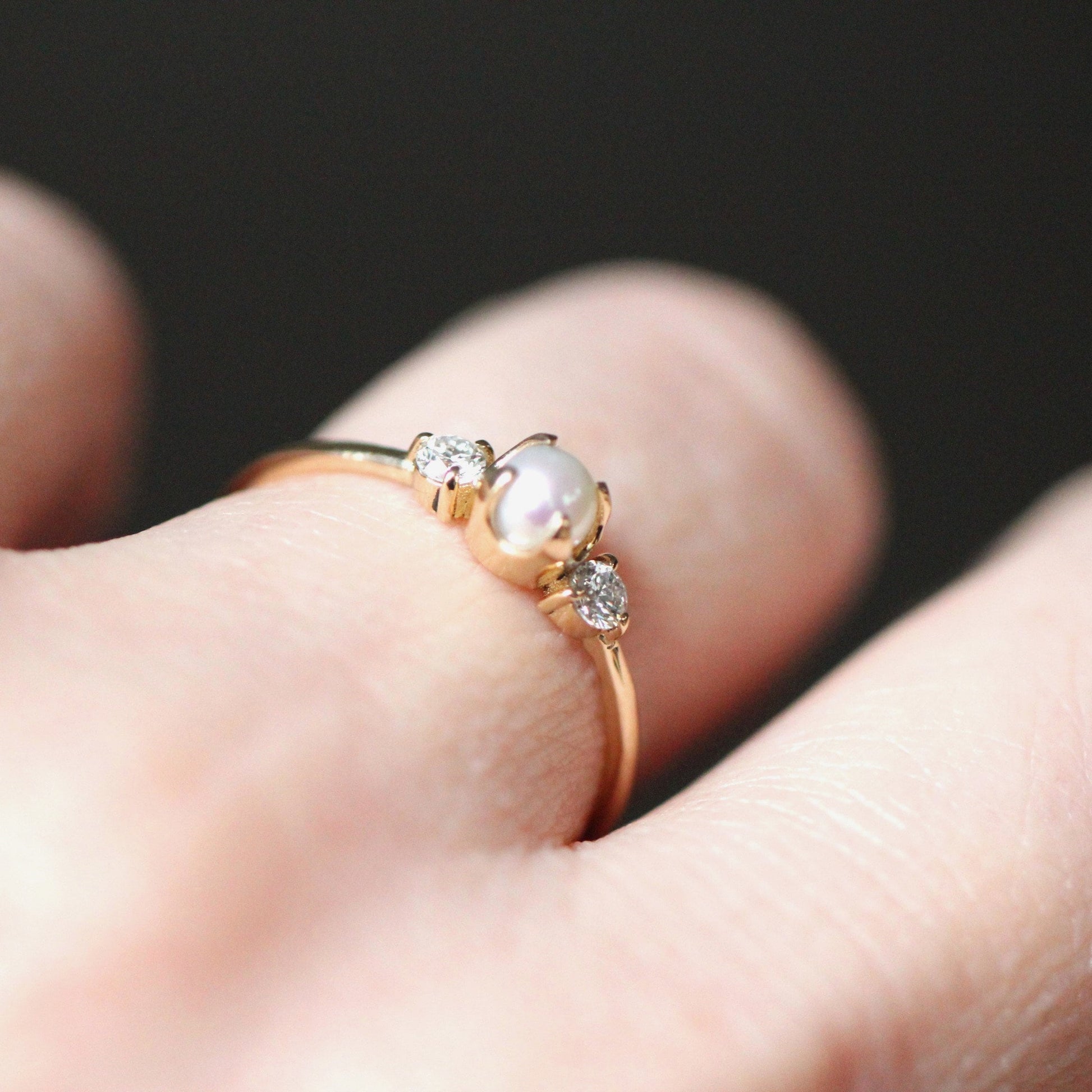 14K Gold Pearl Diamond Ring, Diamond Ring, Cluster Ring, 10K, Engagement Ring, Three Stone Ring, Pearl Ring, June Birthstone, Self Love Ring