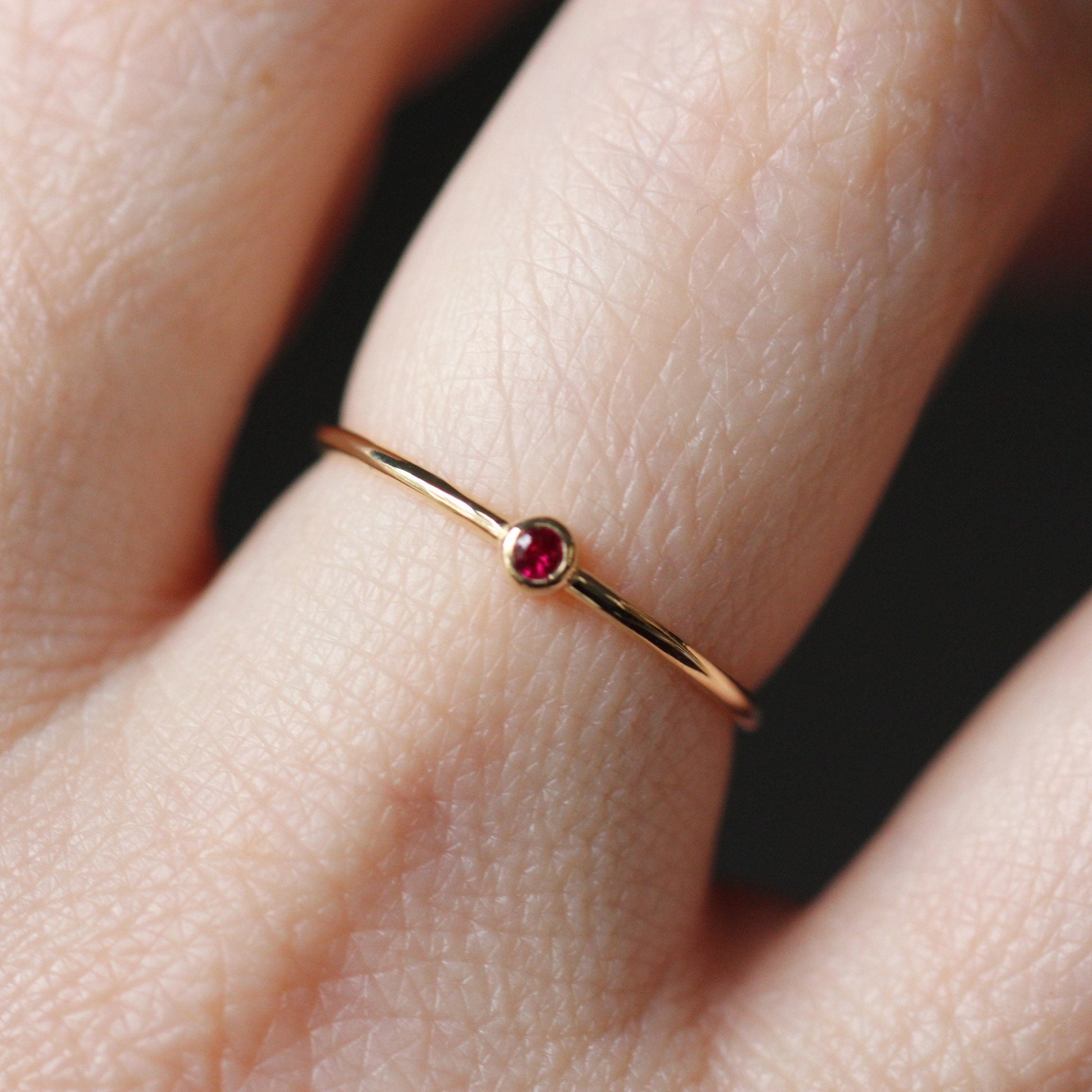 14K Gold Tiny Ruby Ring, Red Stone Ring, 10K Stacking Ring, July Birthstone, Bezel Setting, Burgundy Stone, Stacker, Solid Gold Ring