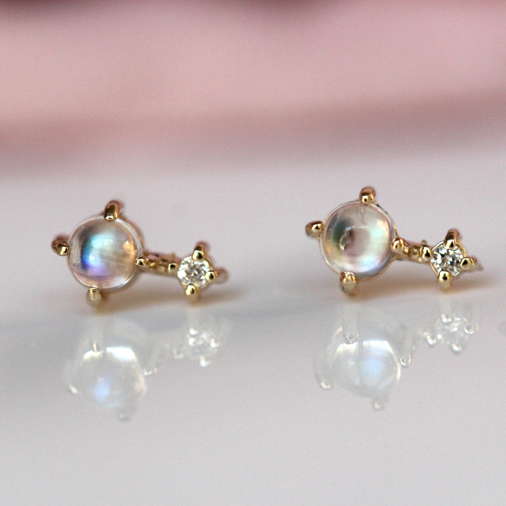 14K Gold Moonstone Diamond Earrings, "Love Drop" Earrings, Moonstone, Moonstone Studs, June Birthstone Two Stone Stud, Post Earrings, Real