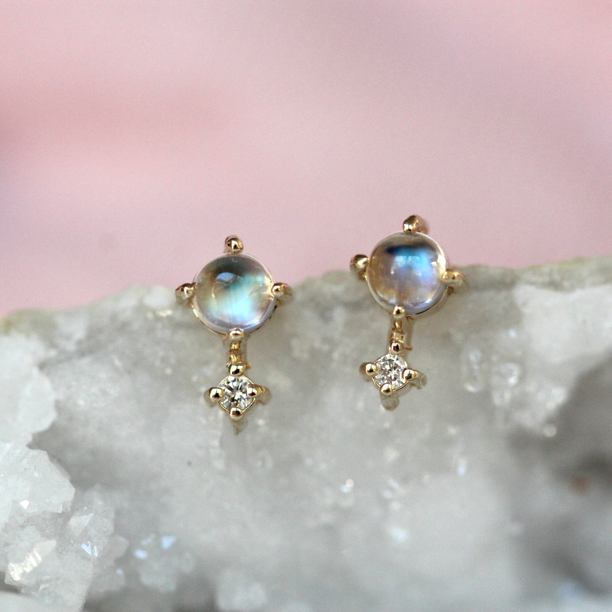 14K Gold Moonstone Diamond Earrings, "Love Drop" Earrings, Moonstone, Moonstone Studs, June Birthstone Two Stone Stud, Post Earrings, Real