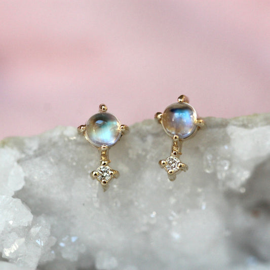 14K Gold Moonstone Diamond Earrings, "Love Drop" Earrings, Moonstone, Moonstone Studs, June Birthstone Two Stone Stud, Post Earrings, Real