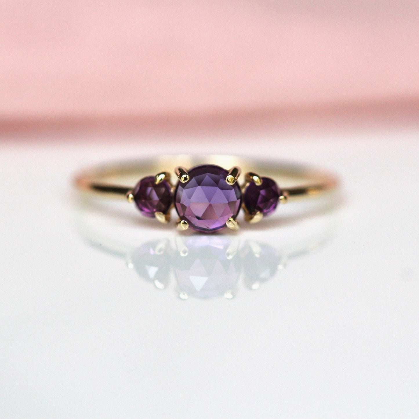 14K Gold Amethyst Ring, Three Stone Ring, Rose Cut Amethyst, 10K, February Birthstone, Triple Stone Ring, Purple Gemstone, Solid Gold Ring