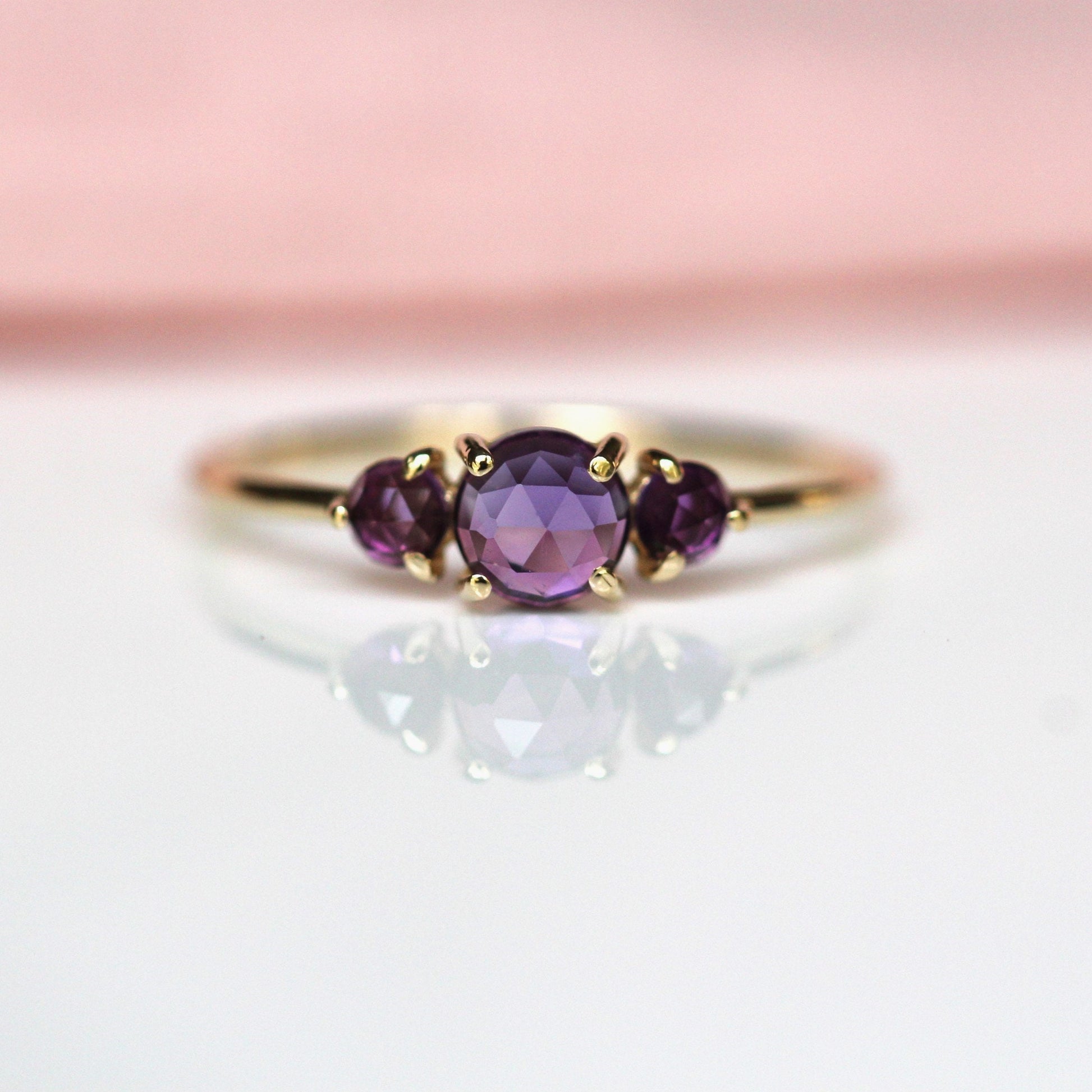 14K Gold Amethyst Ring, Three Stone Ring, Rose Cut Amethyst, 10K, February Birthstone, Triple Stone Ring, Purple Gemstone, Solid Gold Ring