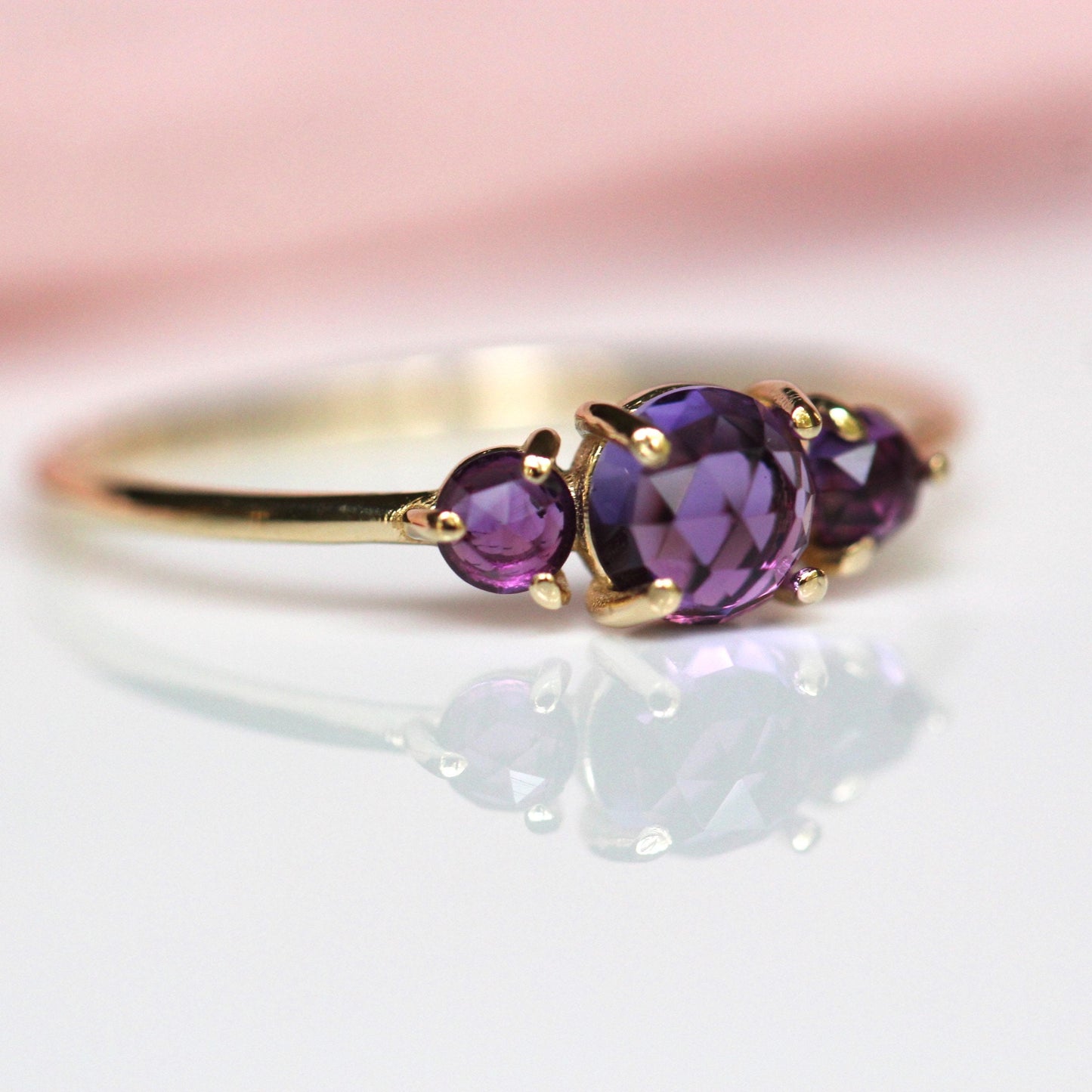 14K Gold Amethyst Ring, Three Stone Ring, Rose Cut Amethyst, 10K, February Birthstone, Triple Stone Ring, Purple Gemstone, Solid Gold Ring