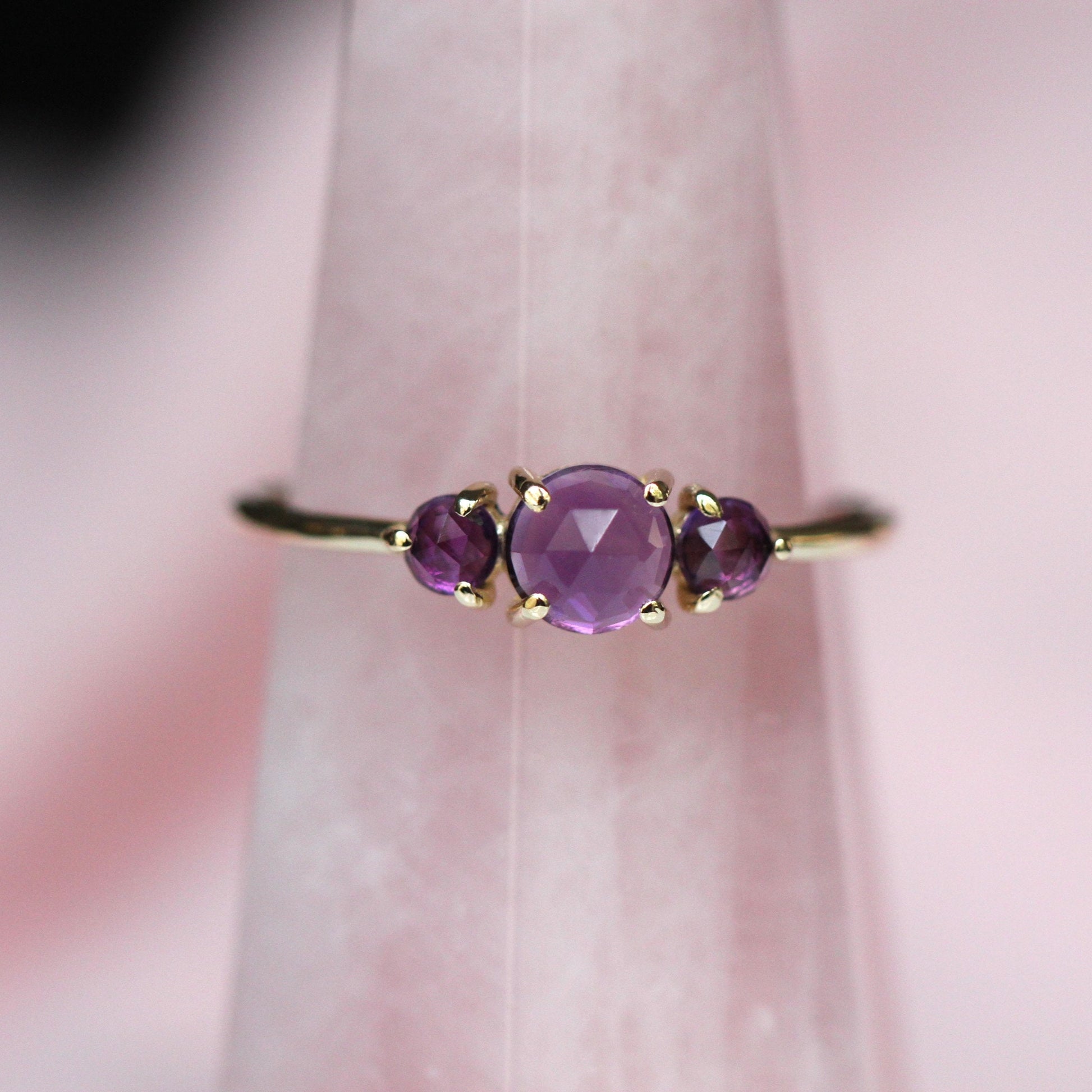 14K Gold Amethyst Ring, Three Stone Ring, Rose Cut Amethyst, 10K, February Birthstone, Triple Stone Ring, Purple Gemstone, Solid Gold Ring