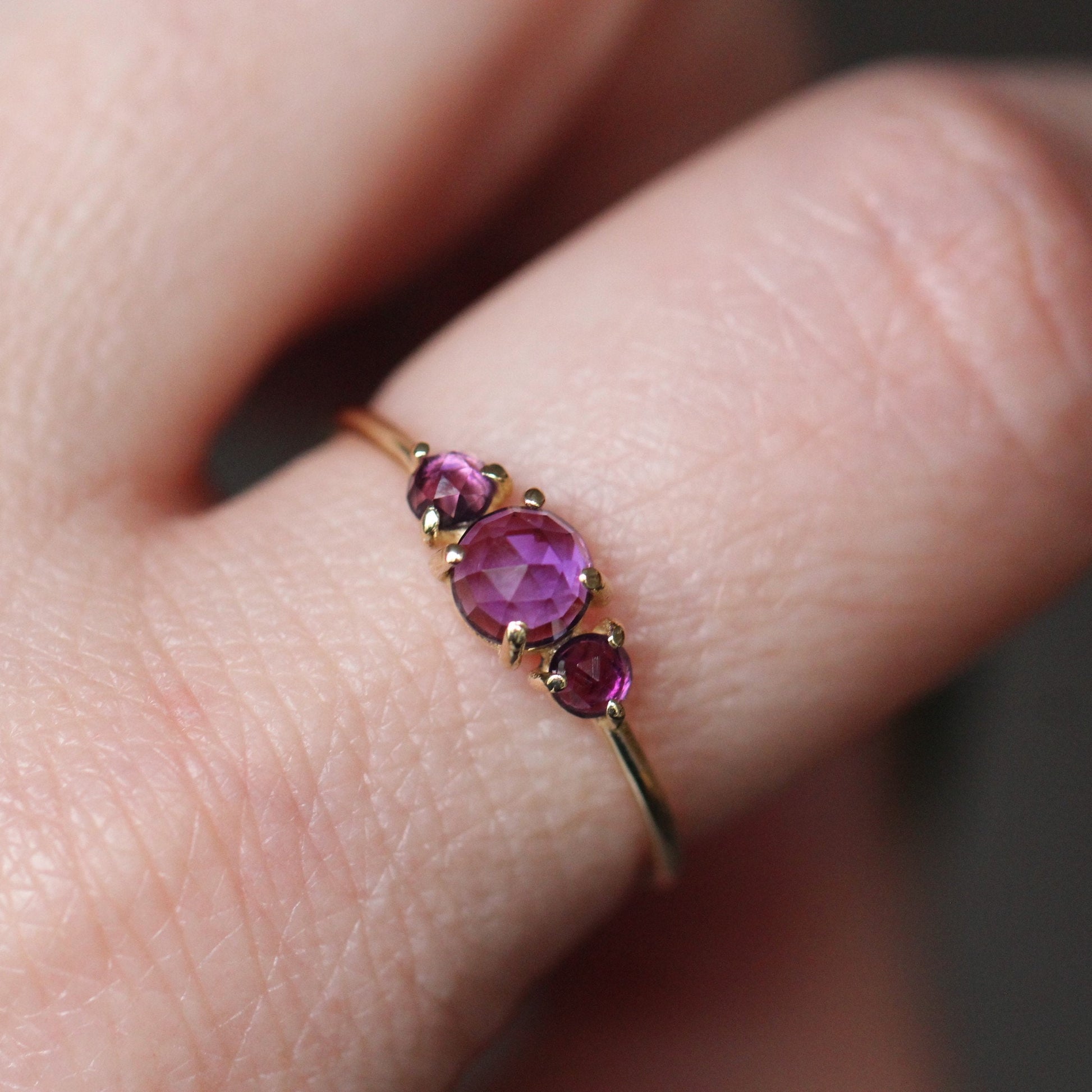 14K Gold Amethyst Ring, Three Stone Ring, Rose Cut Amethyst, 10K, February Birthstone, Triple Stone Ring, Purple Gemstone, Solid Gold Ring