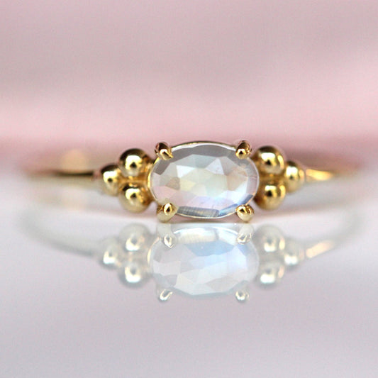 14K Triple Bead Moonstone Ring, Oval Moonstone Ring, Rainbow Moonstone, Gemstone Ring, Blue Flash, June Birthstone Ring, Oval Gemstone