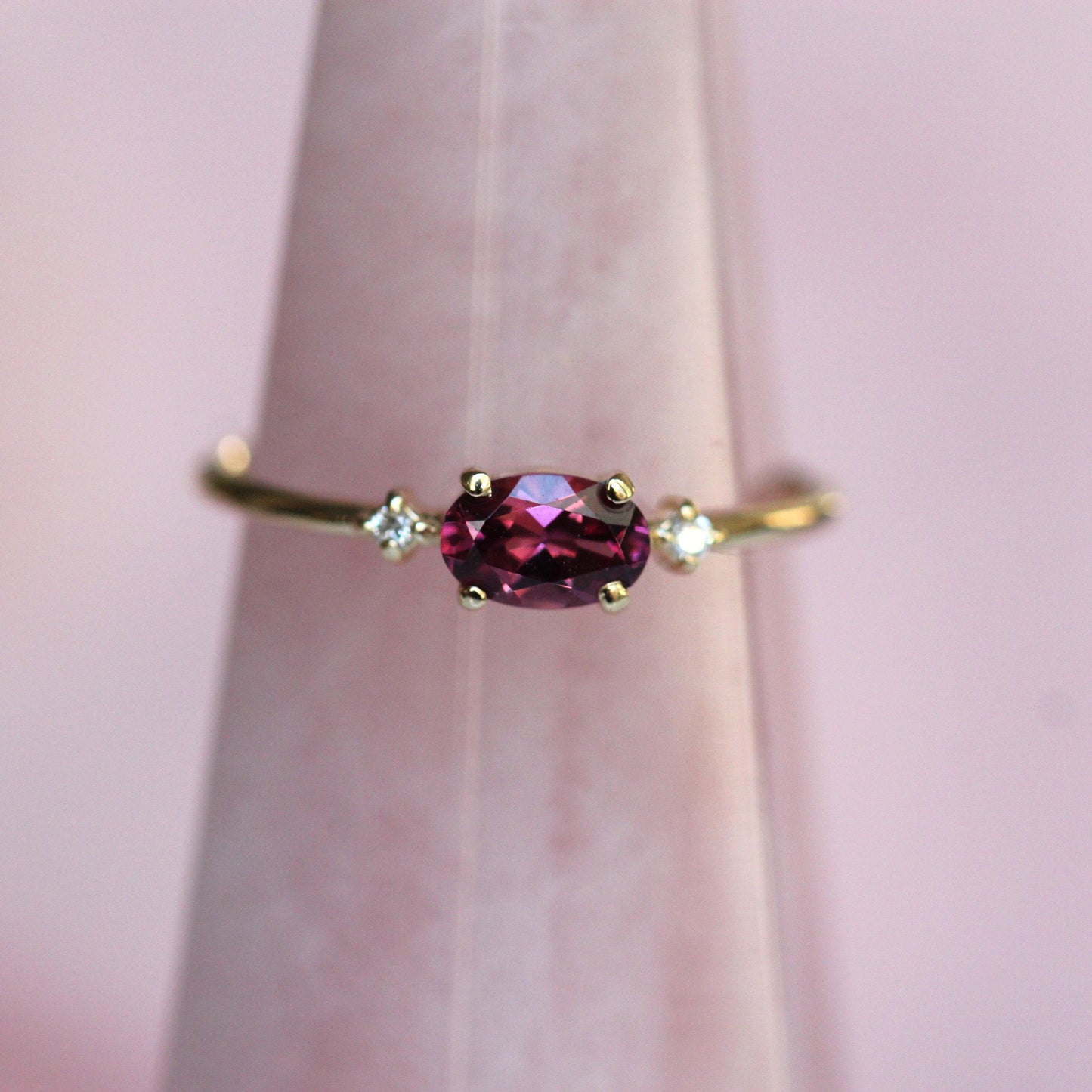 14K Gold Rhodolite Garnet Diamond Ring, Oval Stone Ring, Engagement Ring, 10K, Purple Stone Ring, Red Stone, East West Oval, Solid Gold Ring