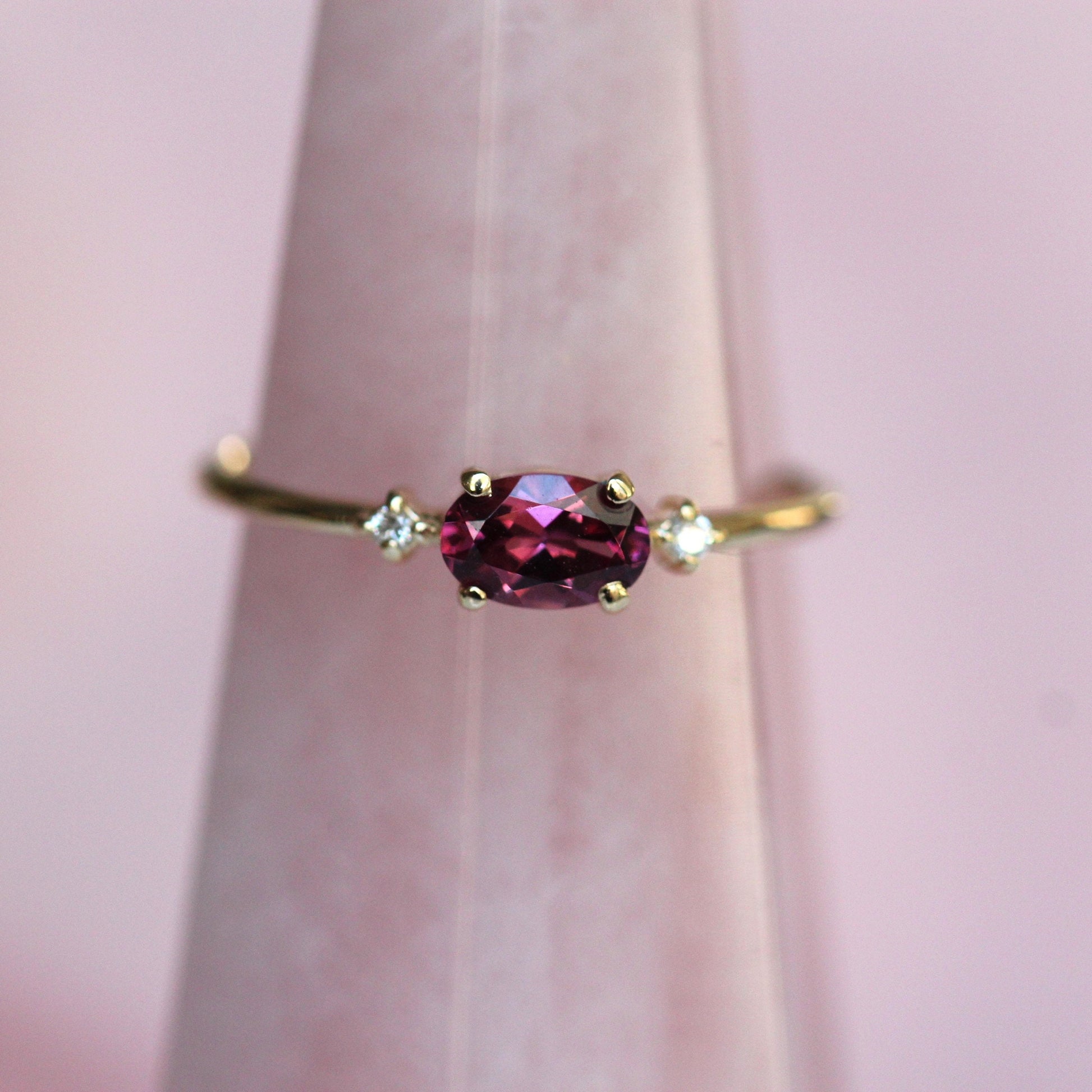 14K Gold Rhodolite Garnet Diamond Ring, Oval Stone Ring, Engagement Ring, 10K, Purple Stone Ring, Red Stone, East West Oval, Solid Gold Ring