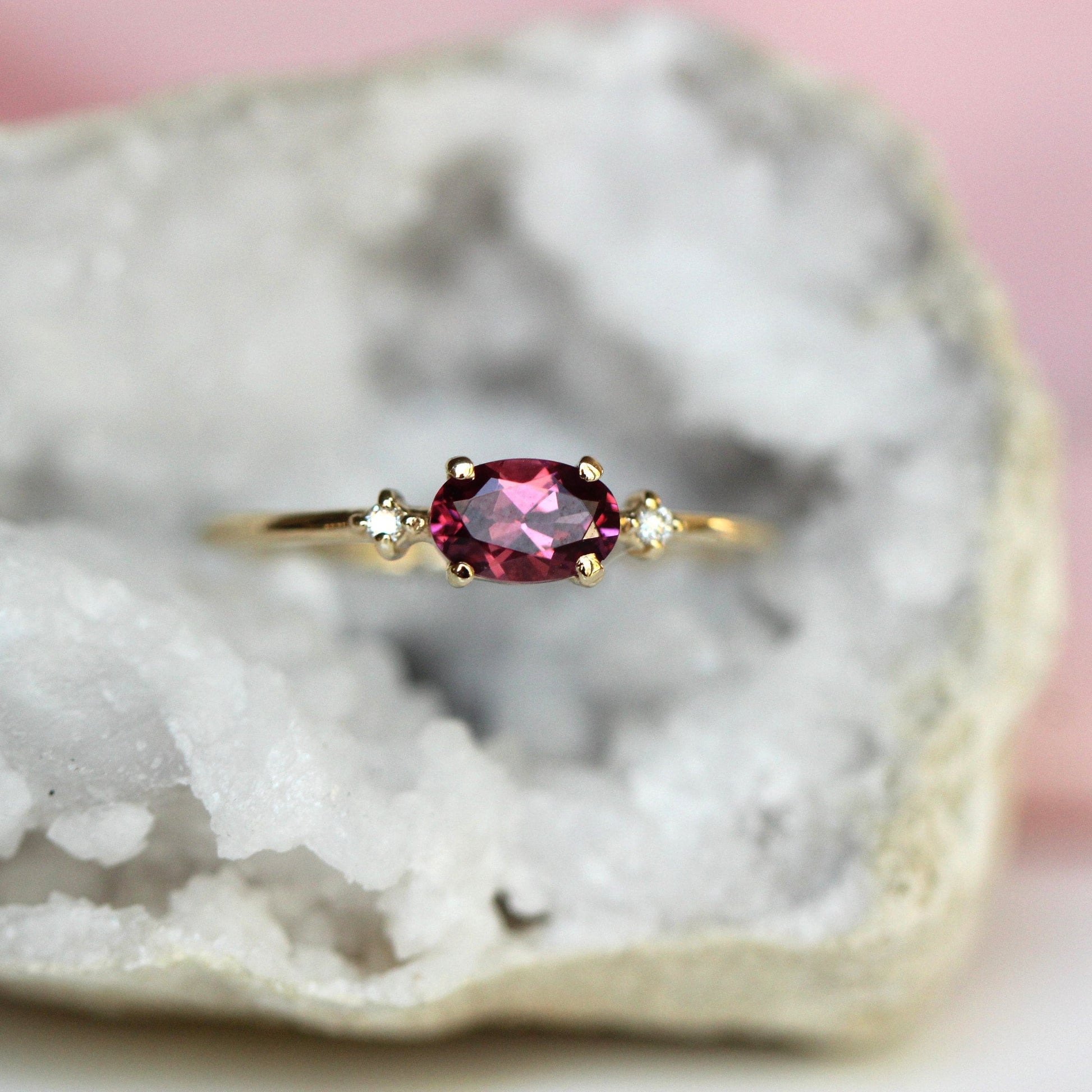 14K Gold Rhodolite Garnet Diamond Ring, Oval Stone Ring, Engagement Ring, 10K, Purple Stone Ring, Red Stone, East West Oval, Solid Gold Ring