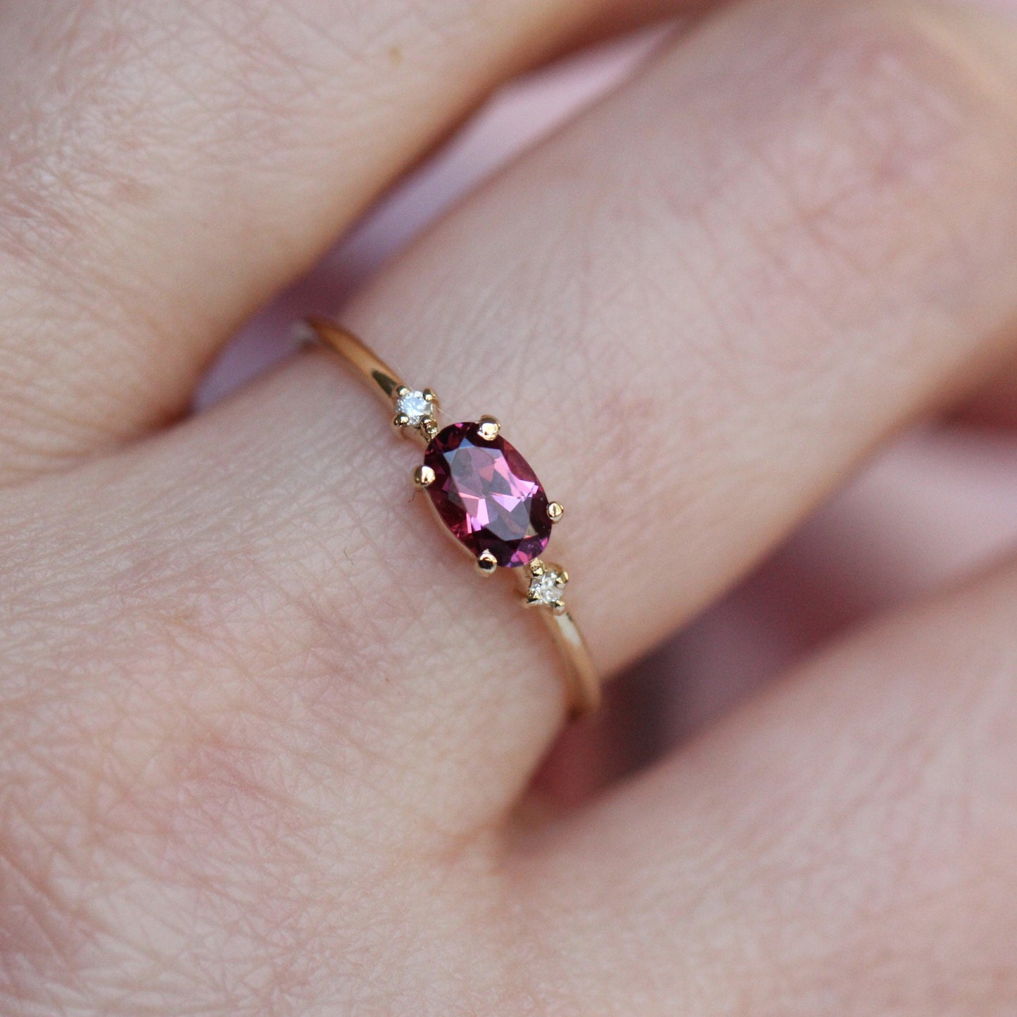 14K Gold Rhodolite Garnet Diamond Ring, Oval Stone Ring, Engagement Ring, 10K, Purple Stone Ring, Red Stone, East West Oval, Solid Gold Ring