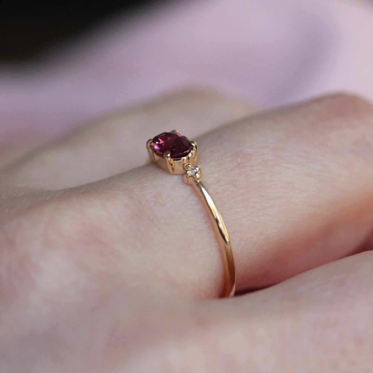 14K Gold Rhodolite Garnet Diamond Ring, Oval Stone Ring, Engagement Ring, 10K, Purple Stone Ring, Red Stone, East West Oval, Solid Gold Ring