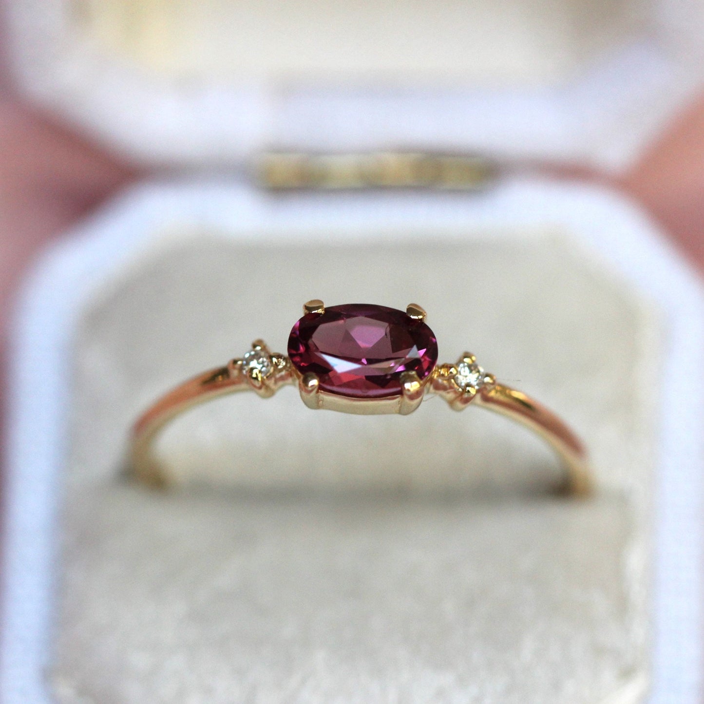 14K Gold Rhodolite Garnet Diamond Ring, Oval Stone Ring, Engagement Ring, 10K, Purple Stone Ring, Red Stone, East West Oval, Solid Gold Ring