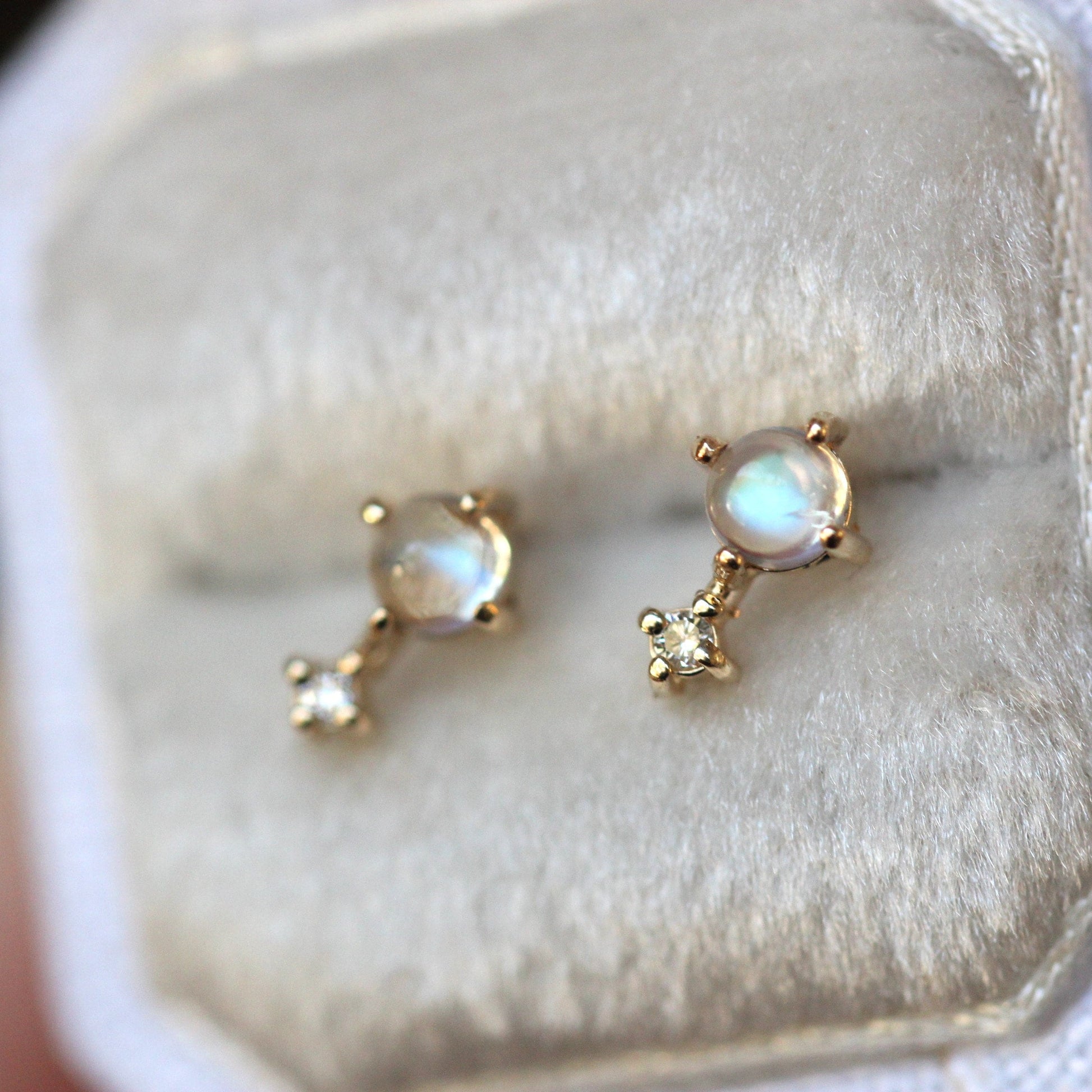 14K Gold Moonstone Diamond Earrings, "Love Drop" Earrings, Moonstone, Moonstone Studs, June Birthstone Two Stone Stud, Post Earrings, Real
