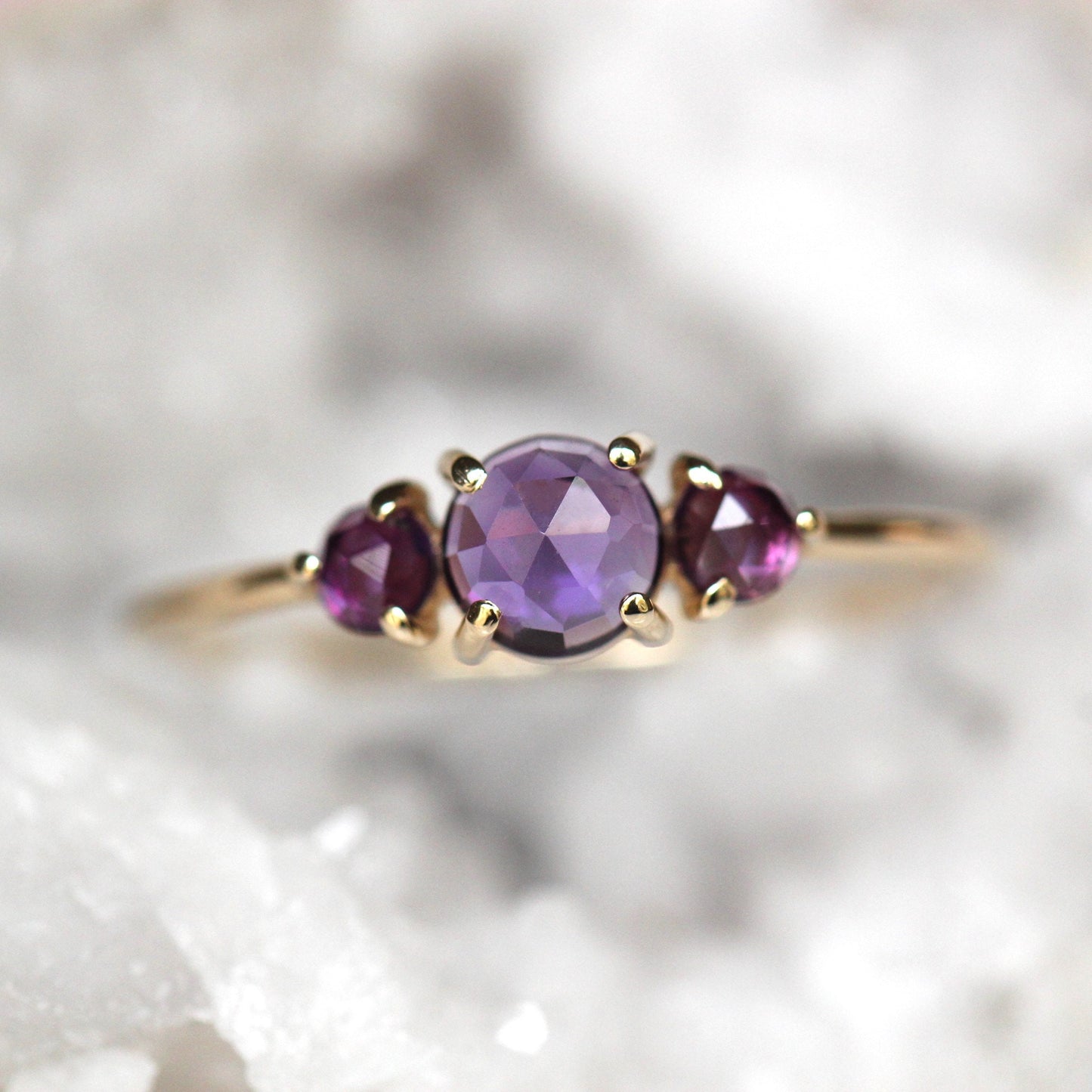 14K Gold Amethyst Ring, Three Stone Ring, Rose Cut Amethyst, 10K, February Birthstone, Triple Stone Ring, Purple Gemstone, Solid Gold Ring