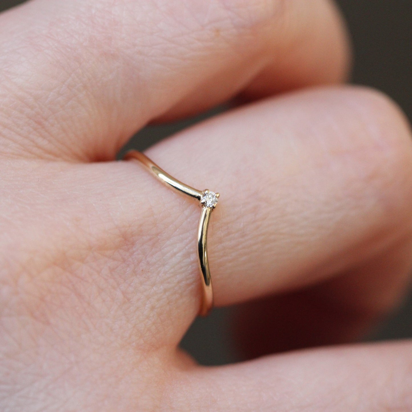 14K Gold "Swoop" Ring, Diamond Ring, Diamond Chevron Ring, V Ring, Curved Diamond Ring, 10K Stacking Ring, Solid Gold Ring, Real Gold
