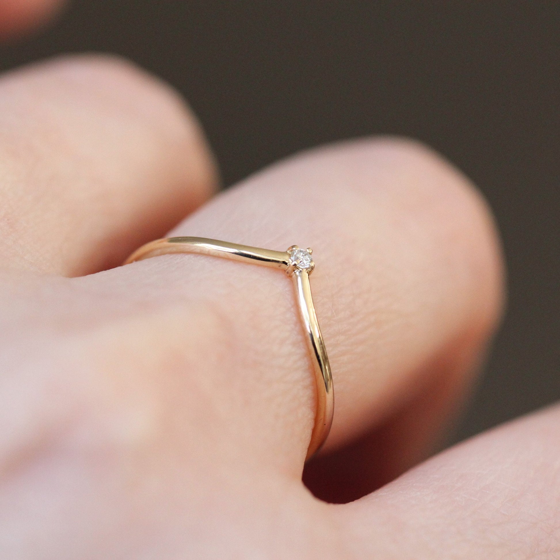 14K Gold "Swoop" Ring, Diamond Ring, Diamond Chevron Ring, V Ring, Curved Diamond Ring, 10K Stacking Ring, Solid Gold Ring, Real Gold