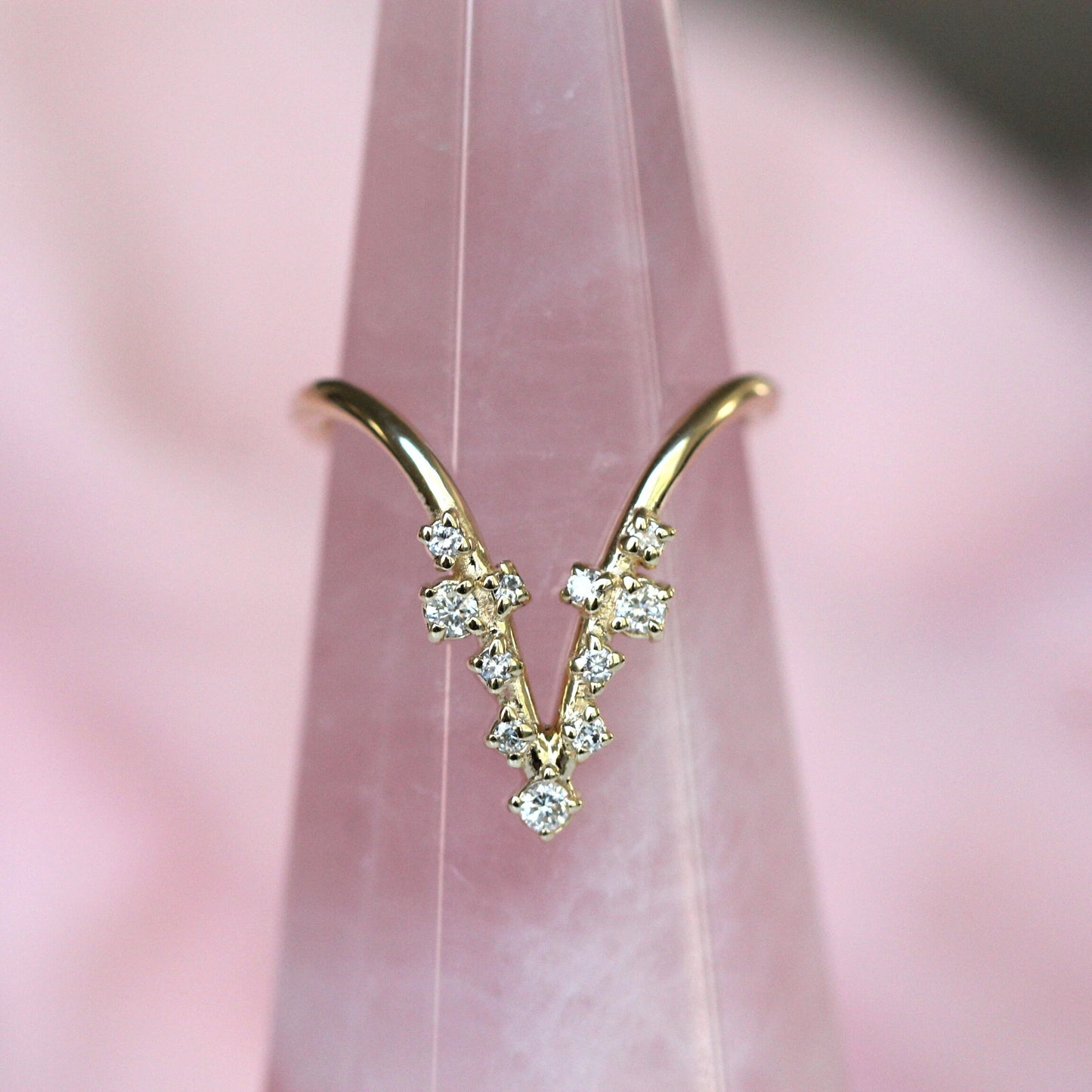 14K Deep Chevron Cluster Ring, Diamond Cluster Ring, 10K V Ring, Deep V Ring, Stacking Ring, April Birthstone, Diamond Mixed Size, Minimal