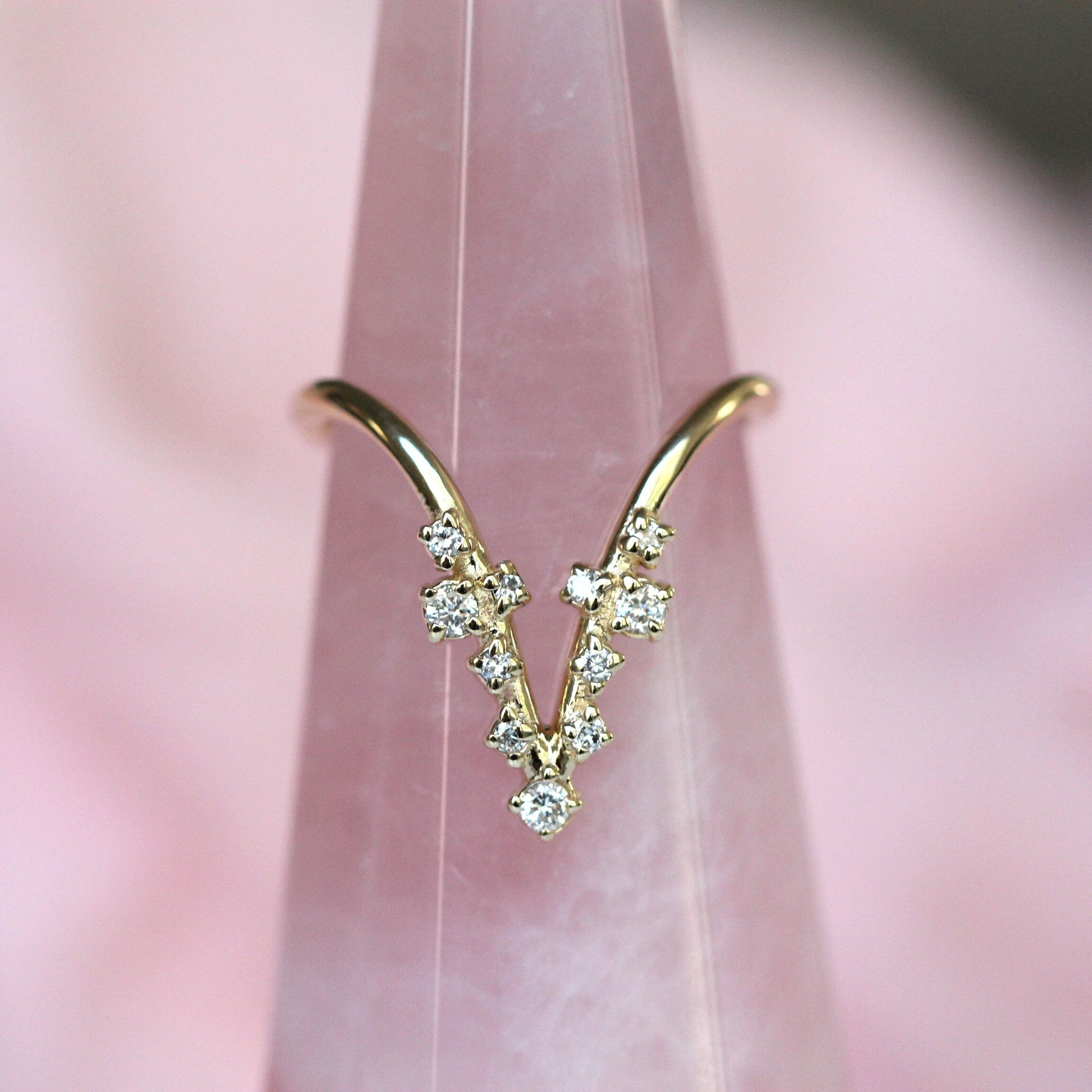 14K Deep Chevron Cluster Ring, Diamond Cluster Ring, 10K V Ring, Deep V Ring, Stacking Ring, April Birthstone, Diamond Mixed Size, Minimal