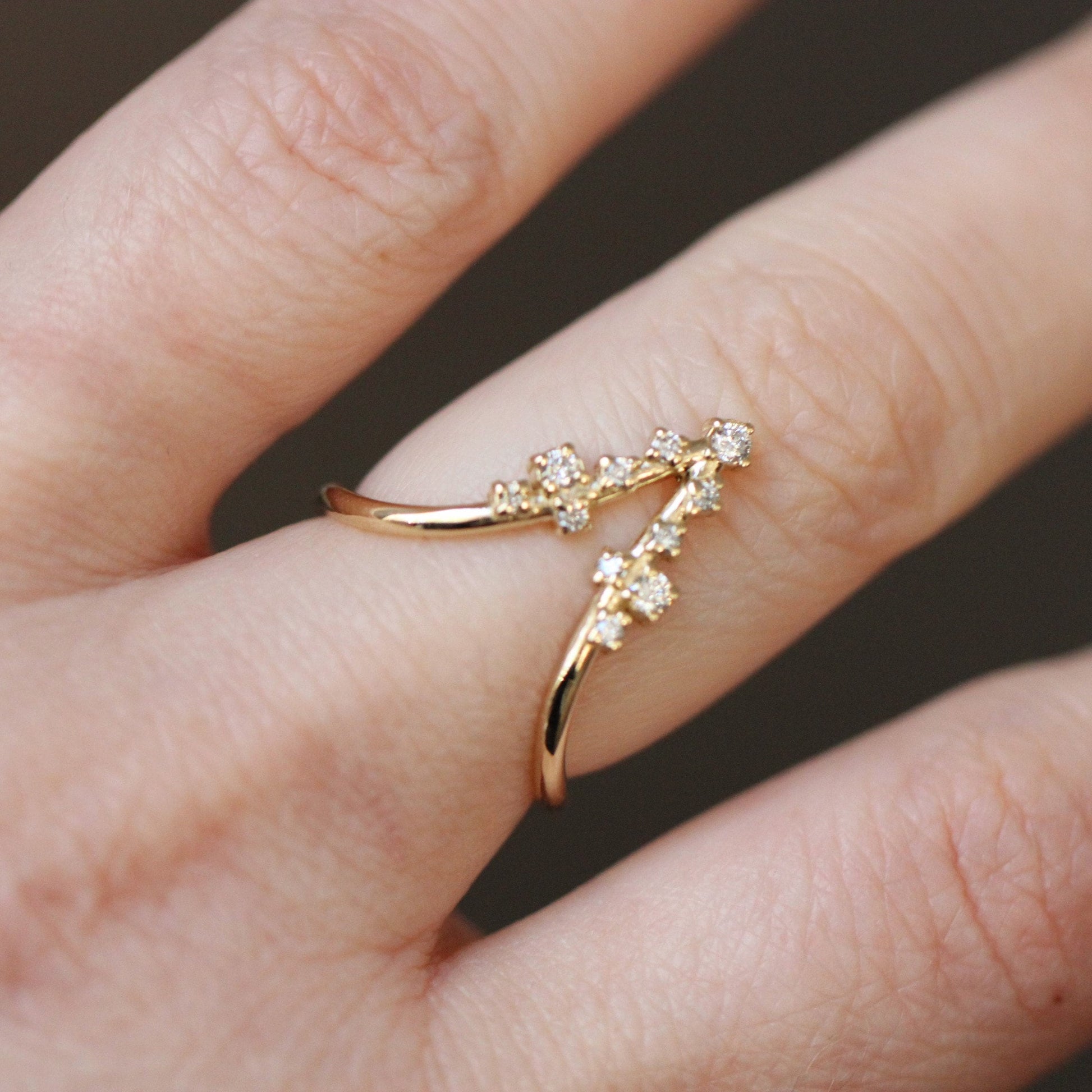 14K Deep Chevron Cluster Ring, Diamond Cluster Ring, 10K V Ring, Deep V Ring, Stacking Ring, April Birthstone, Diamond Mixed Size, Minimal