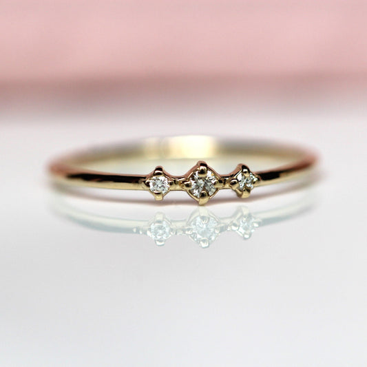 14K Gold Three Stone Diamond Ring, "Snow Dance" Ring, 10K Ring, Diamond, April Birthstone, Three Diamond Ring, Stacking Ring, Minimal