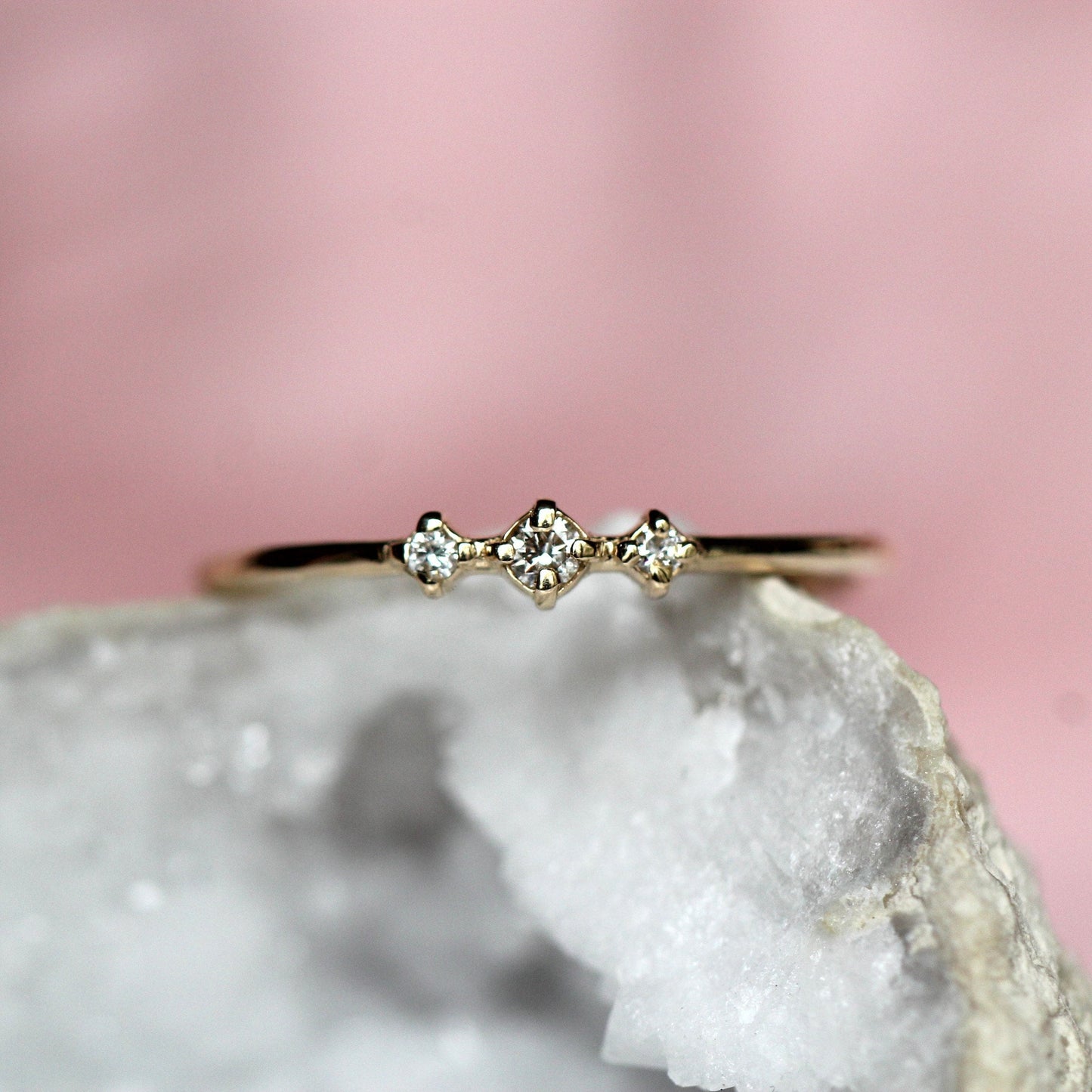 14K Gold Three Stone Diamond Ring, "Snow Dance" Ring, 10K Ring, Diamond, April Birthstone, Three Diamond Ring, Stacking Ring, Minimal