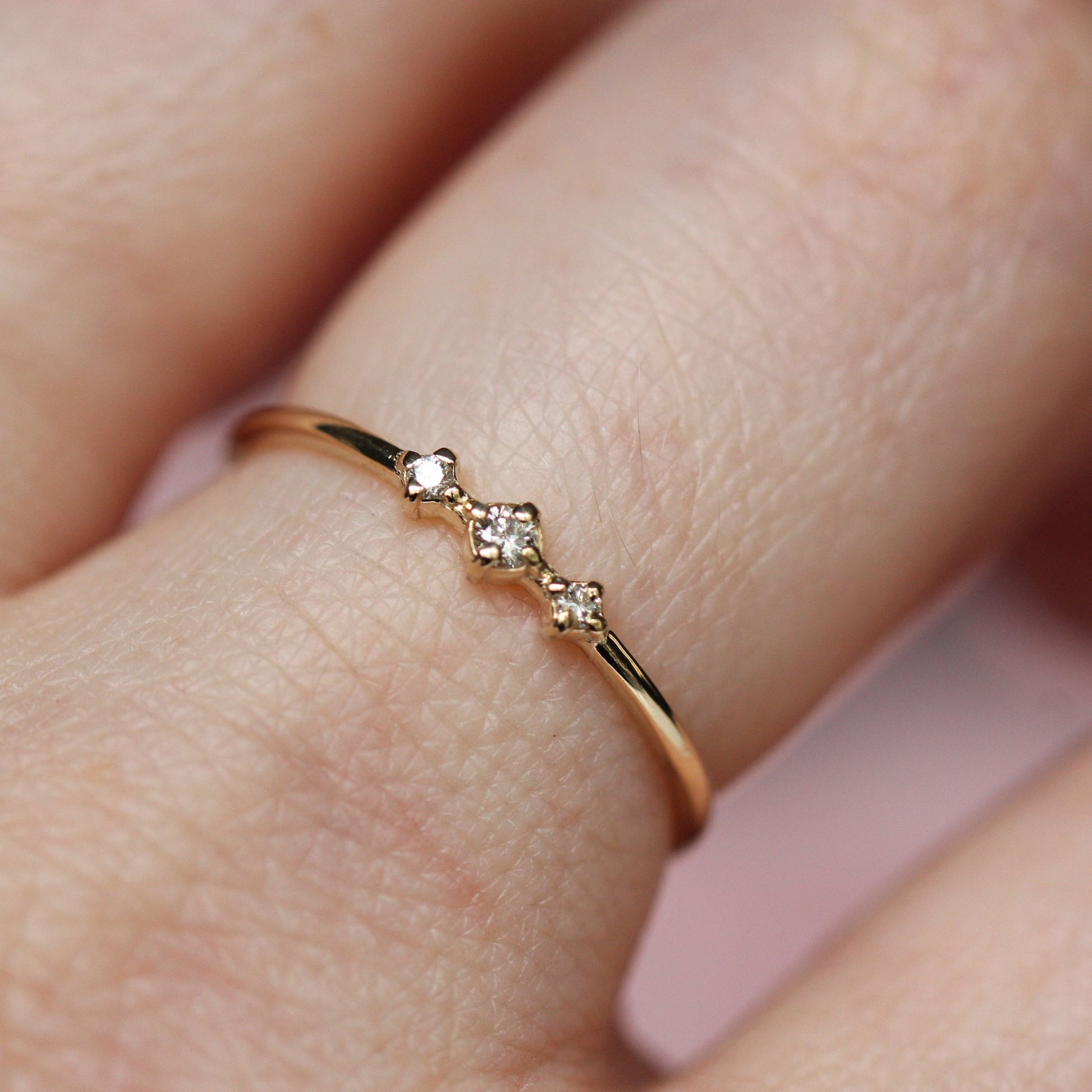 14K Gold Three Stone Diamond Ring, "Snow Dance" Ring, 10K Ring, Diamond, April Birthstone, Three Diamond Ring, Stacking Ring, Minimal